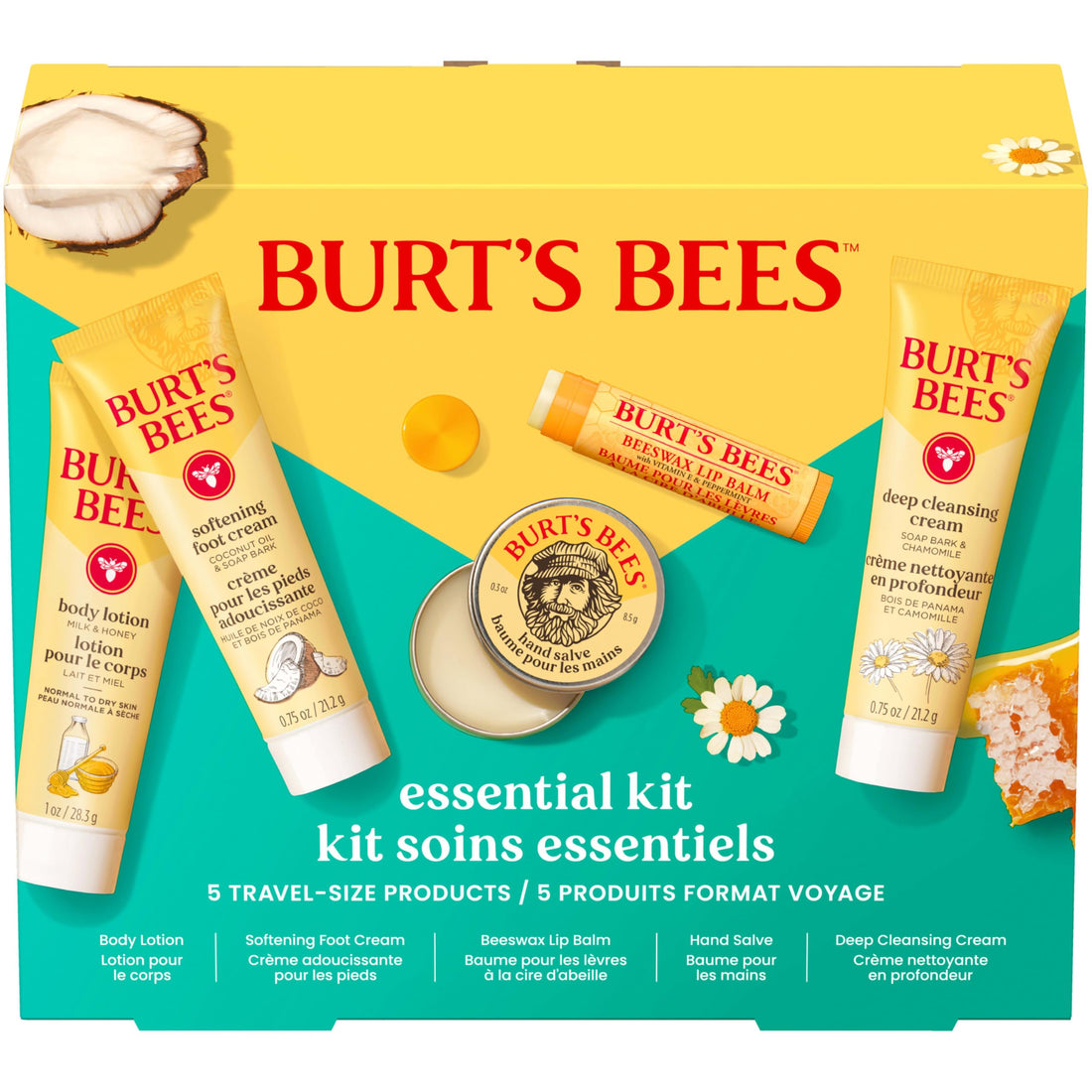 Burt's Bees Gift Ideas - Essentials Everyday Set, 5 Travel Size Products - Deep Cleansing Cream, Hand Salve, Body Lotion, Foot Cream and Original Lip Balm