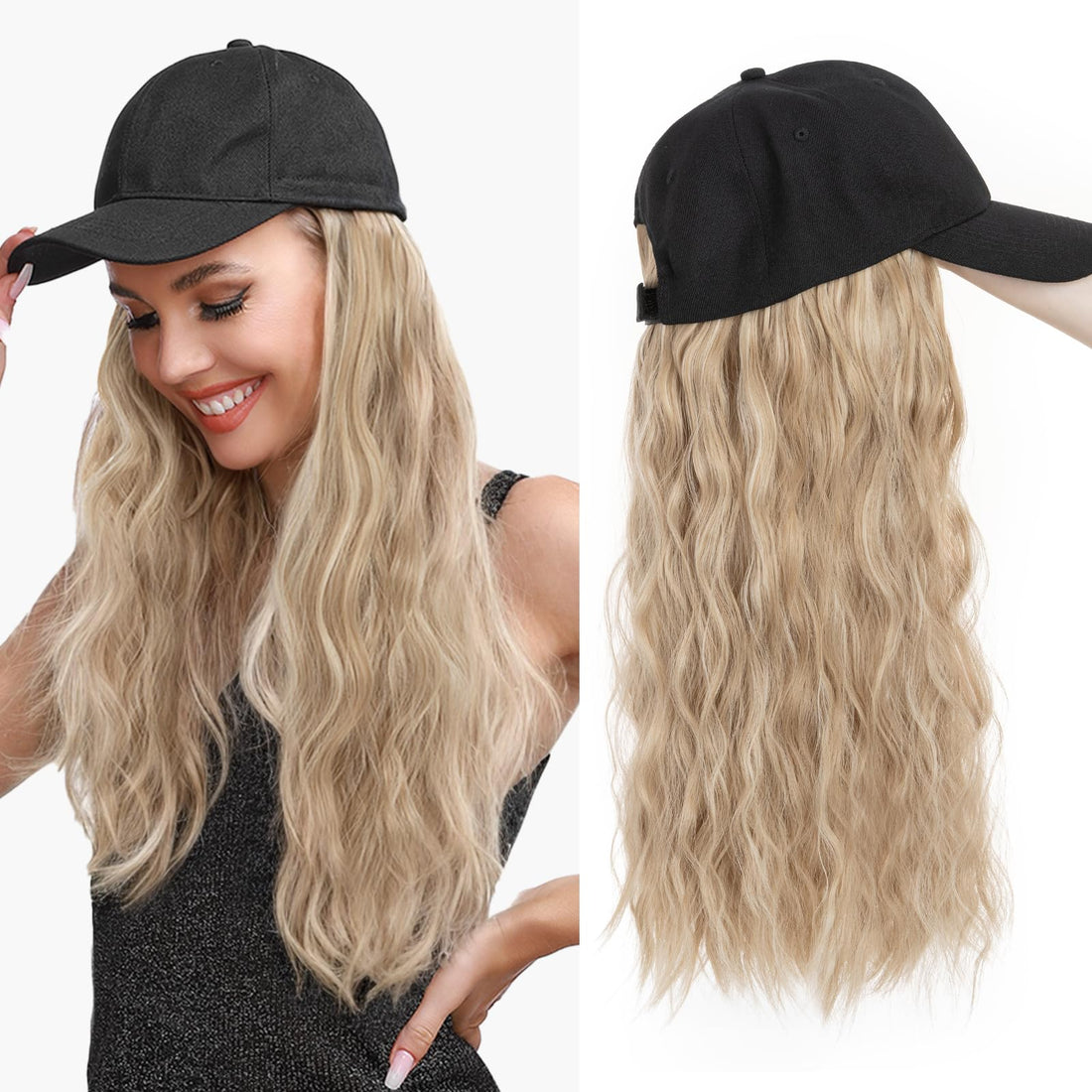 TESS Extensions with Baseball Cap, 40 cm, Ash Blonde Balayage (#16P613) Cap with Hair, Women's Short Wavy, Adjustable, Theme Party, Carnival Hat, Wigs for Women, Hat with Hair