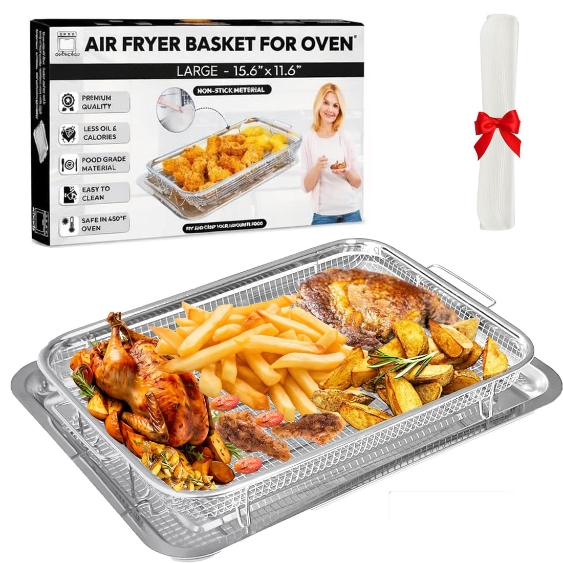 Large Air Fryer Basket for Oven, OvenCrisp 15.6" X 11.6" Air Fryer Basket and Tray Set With 30PCS Parchment Papers, Stainless Steel Air Fryer Pan and Crisper Tray for Frying or Baking