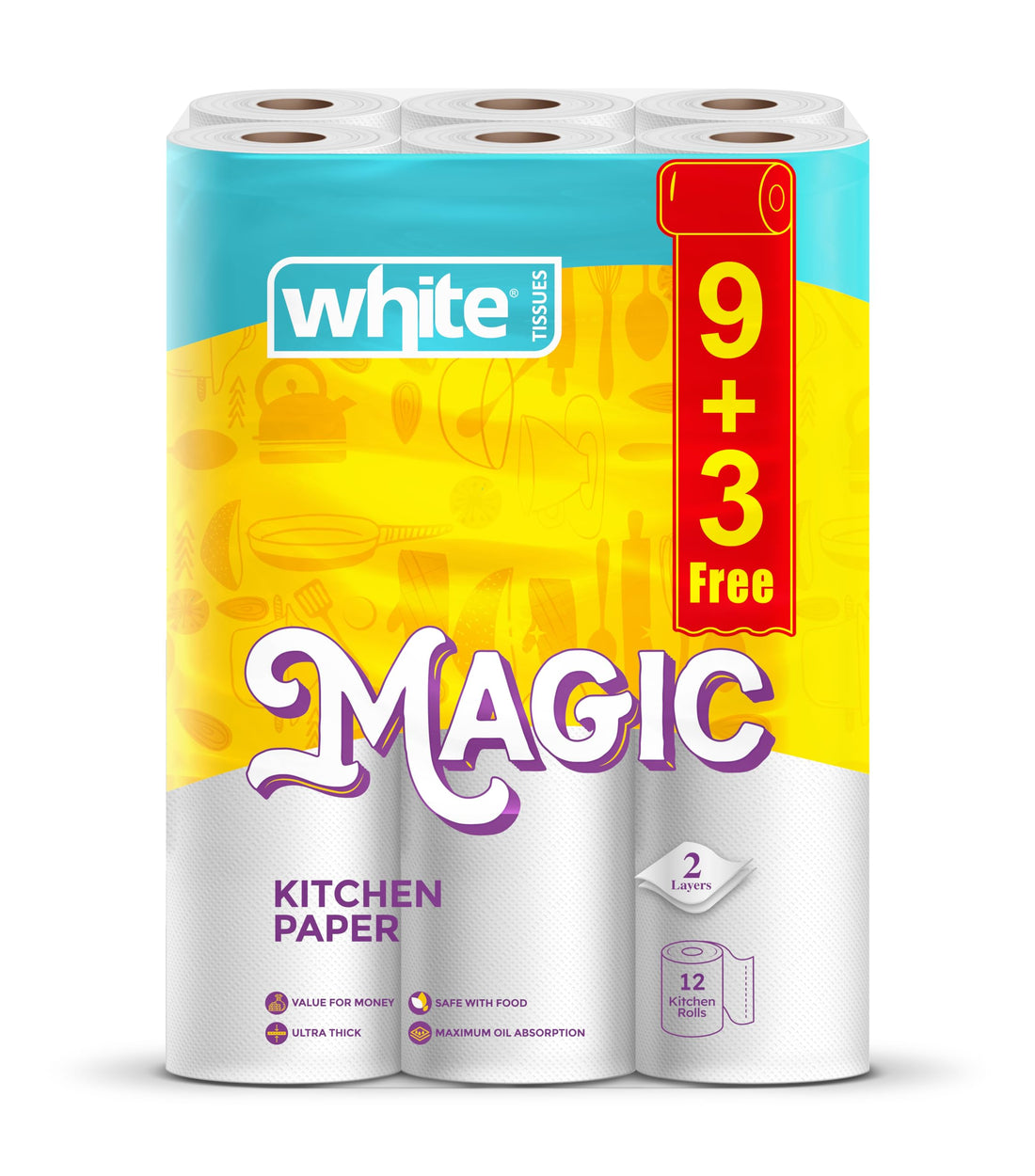 White Magic Kitchen Rolls – 12 Rolls, 3Ply | Bulk Pack for Heavy Use