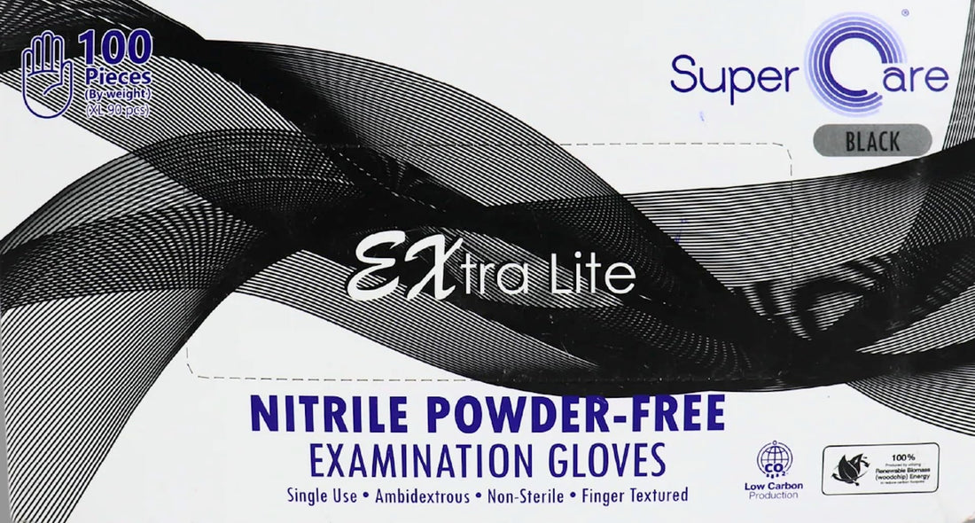 Extra Lite Nitrile Powder-Free Examination Gloves, Latex-Free, Ambidextrous, Finger Textured, Single Use, 100 Pieces, Black