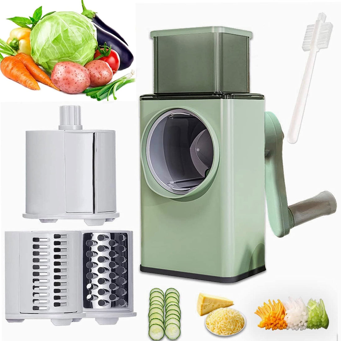 Manual Upgraded Rotary Cheese Grater, Vegetable Slicer Cutter With 3 Stainless Steel Drum Blades High Quality - Shredder for Vegetable, Nuts, Chocolate, Potatoes with Cleaning Brush (Green)