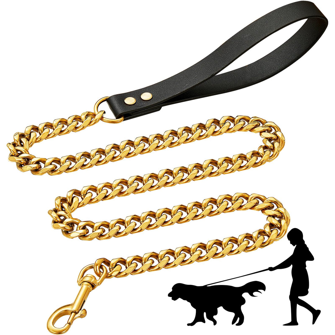 Gold Dog Chain Leash with Leather Handle,19mm Wide,Heavy Duty Dog Leash,Chew Proof Metal Leashfor Small Medium Large Dogs(gold,90cm)