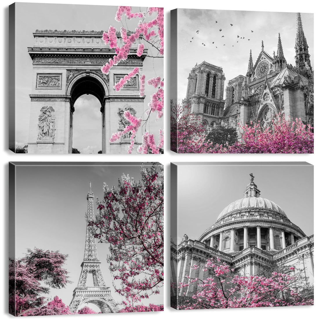 Black and White Eiffel Tower Wall Art Pink Paris Wall Decor Spring Flower Pictures Europe City Landscape Painting Poster Notre Dame Cathedral Canvas Prints for Living Room Home Decorations 12x12" 4Pcs
