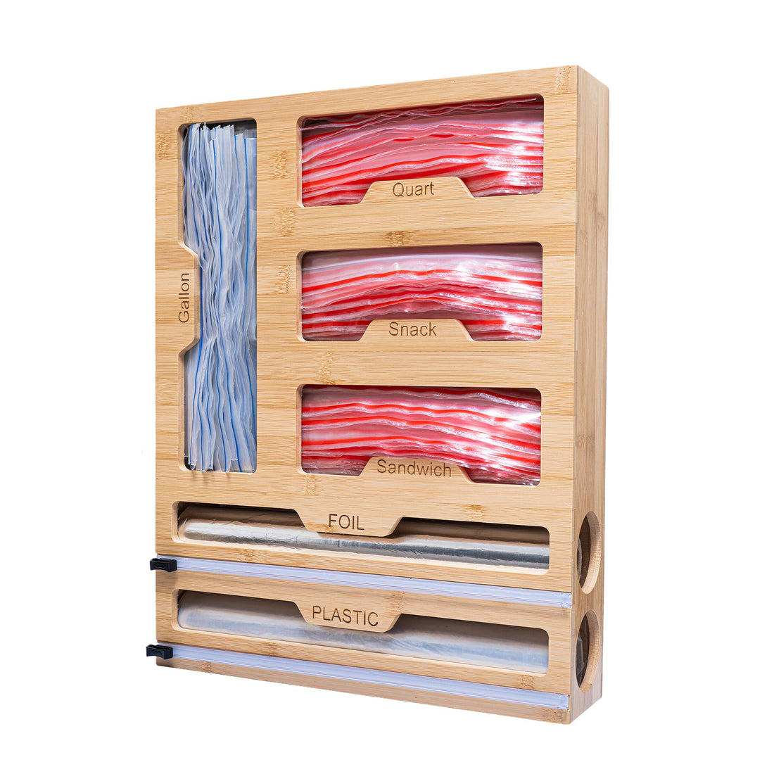 Bamboo Storage Drawer Organizer - 6 in 1 Foil & Plastic Wrap Organizer with Cutter, Suitable for Gallon, Quart, Sandwich Bags & Wrapping Papers