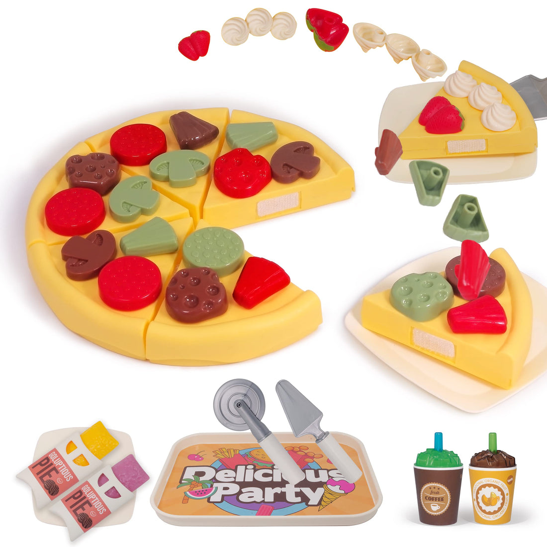 U DREAM Pretend Play Food Set, 6" Pizza Toy, Play Kitchen Accessories, 30 Toppings.