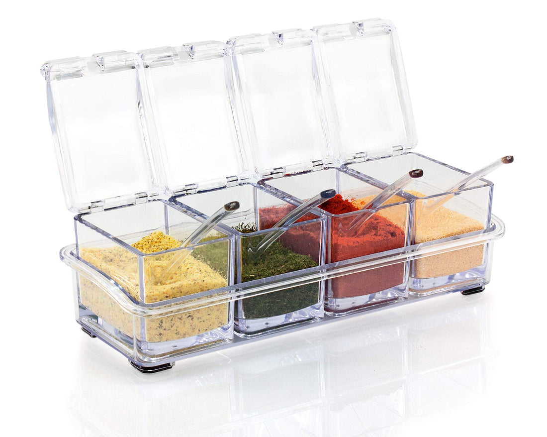 WERPOWER Seasoning Box, Clear Acrylic Spice Pots Storage Container Jars With Spoons | Make Cooking Simple | 4-Piece Set