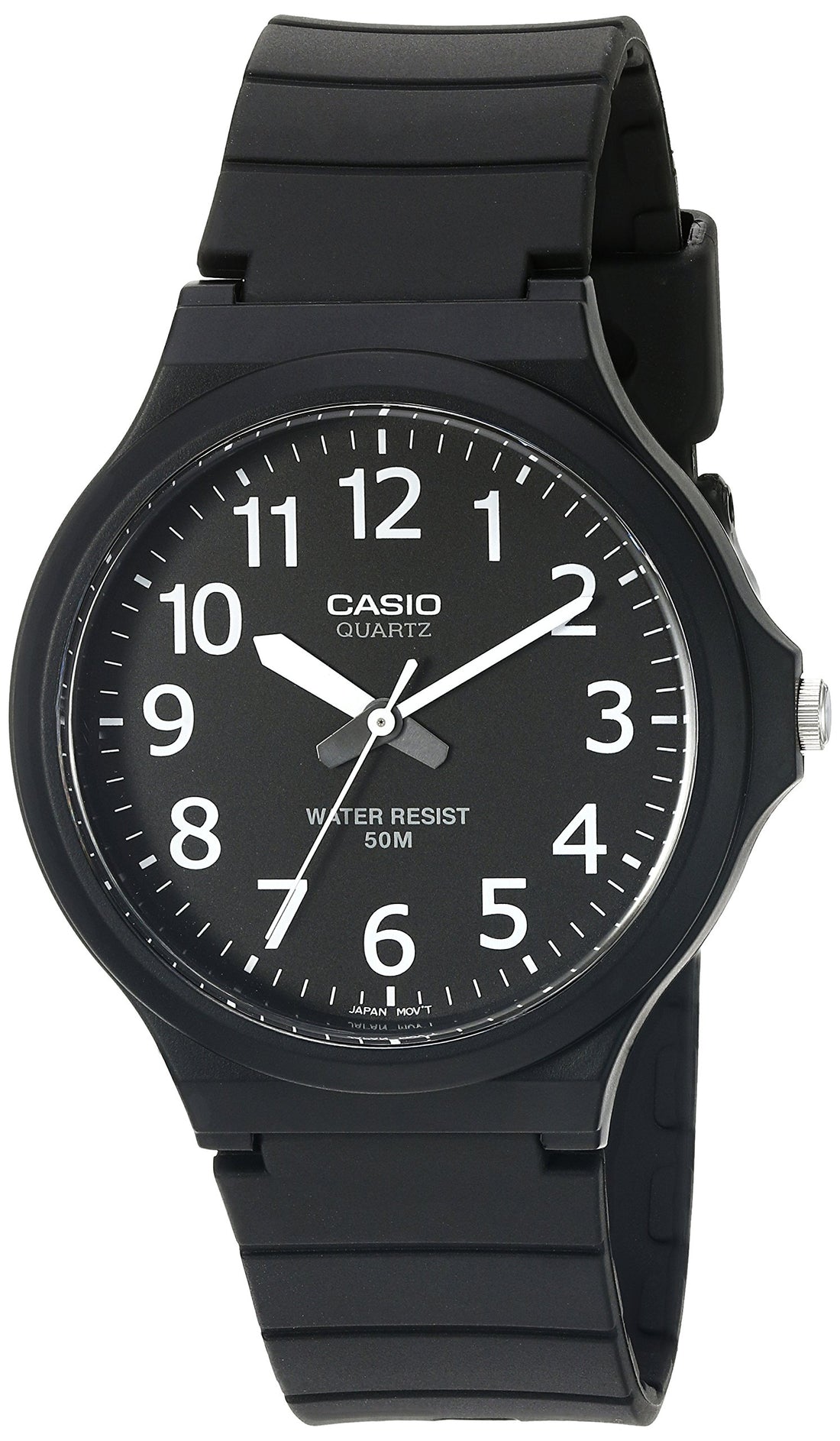 Casio MW240 Series | Men’s Quartz Watch | 50M WR | Large Resin Case | Resin Glass | Resin Band | Large Arabic Numerals | Analog Watch | Easy to Read Display | 3 Year Battery, Black/Black, MW240-1BV