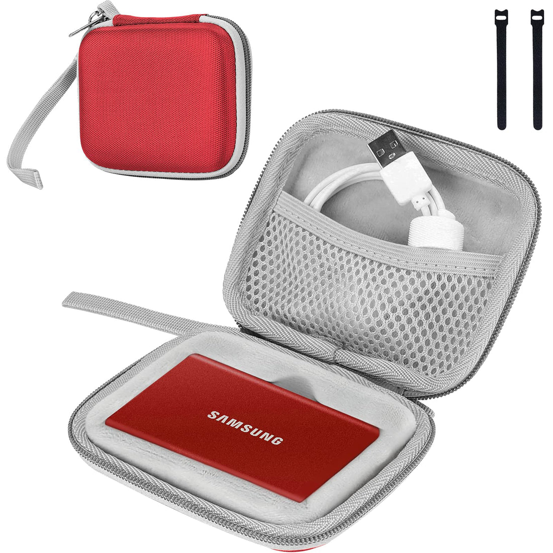 ProCase Case for Samsung T7/T7 Touch Portable SSD, 2 Fasteners Protective Cover SM External Hard Drive 250GB, 500GB, 1TB and 2TB Shockproof with Close Net for Accessories-Red