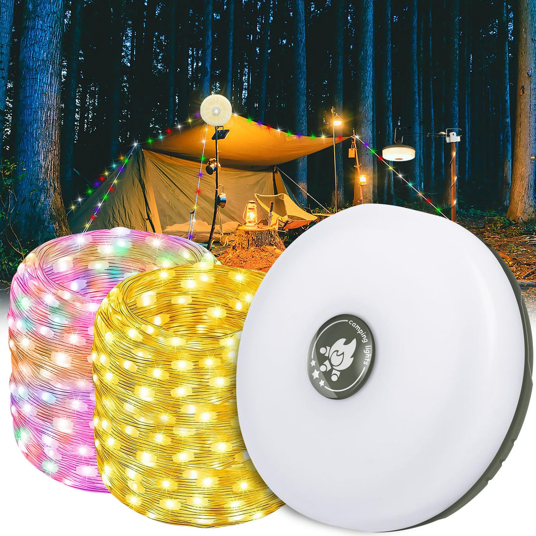 Camping Fairy Lights, Rollable, 2-in-1 Portable Camping Fairy Lights, Rechargeable LED Fairy Lights, 10 m, Waterproof Camping Lamp, Fairy Lights Outdoor for Camping, Garden