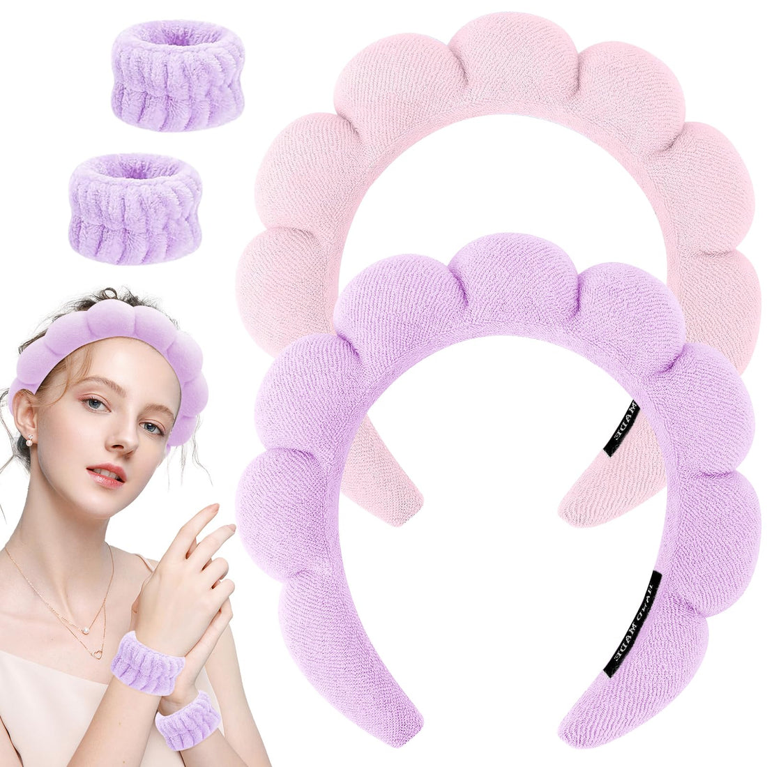 Spa Headband for Washing Face, Soft Makeup Headband and Wrist Washband Set Skincare Headbands, Terry Cloth Bubble Hairband for Women Gifts (Purple+Pink)