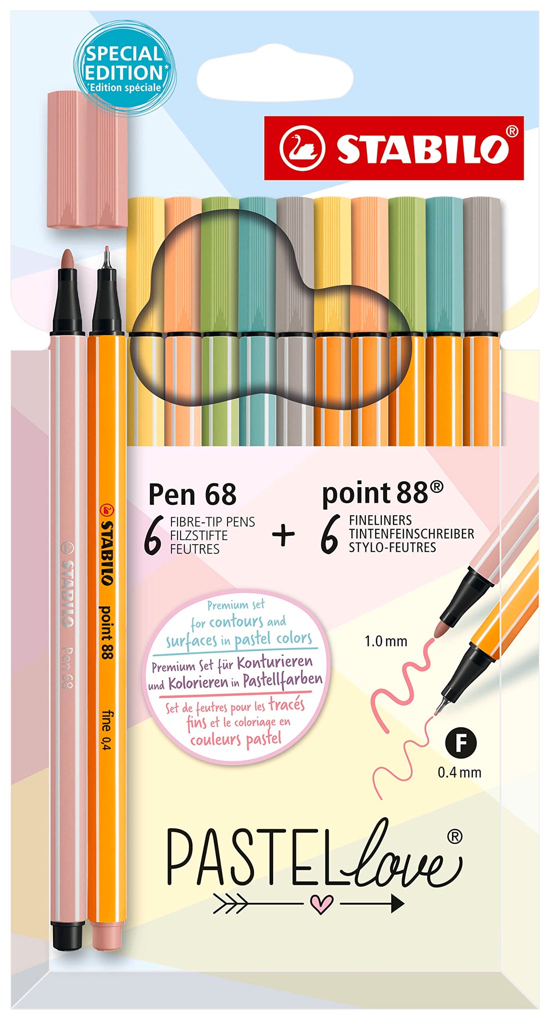 Pen Set - STABILO Pastelove Set - Pack of 12 - point 88 & Pen 68 - Fineliners & Fibre-Tip Pens - Assorted Colours