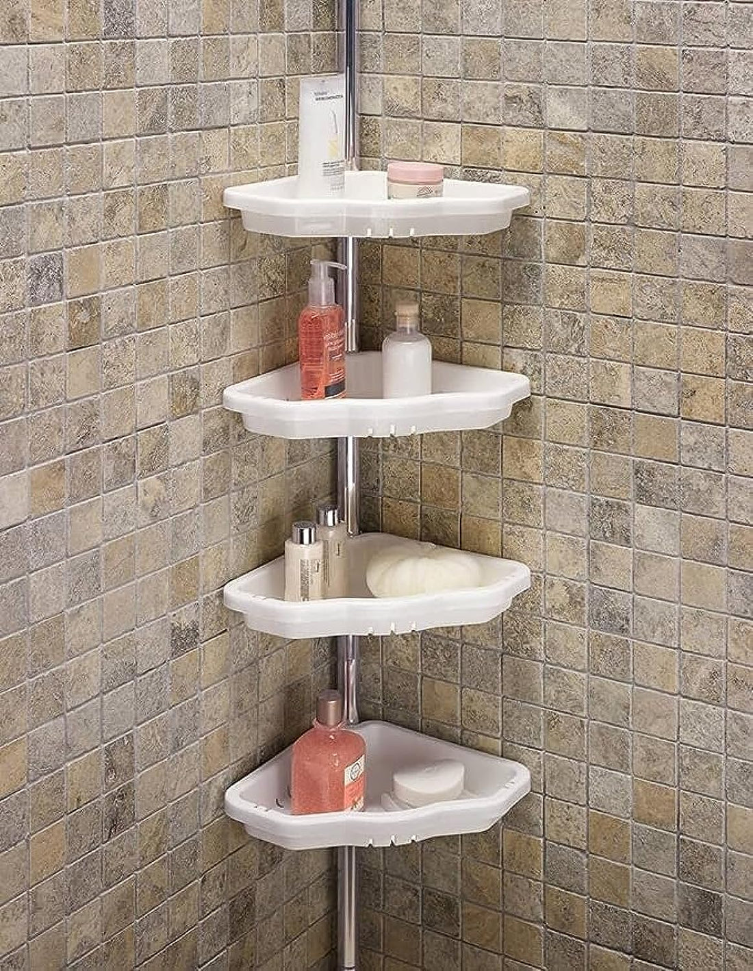 Primanova Non-Rust 4 Plastic Tier, Spring Corner Shelf Storage Shower, Wall Hanging Toilet Shelf Organizer, Pole Aluminum (Beige)