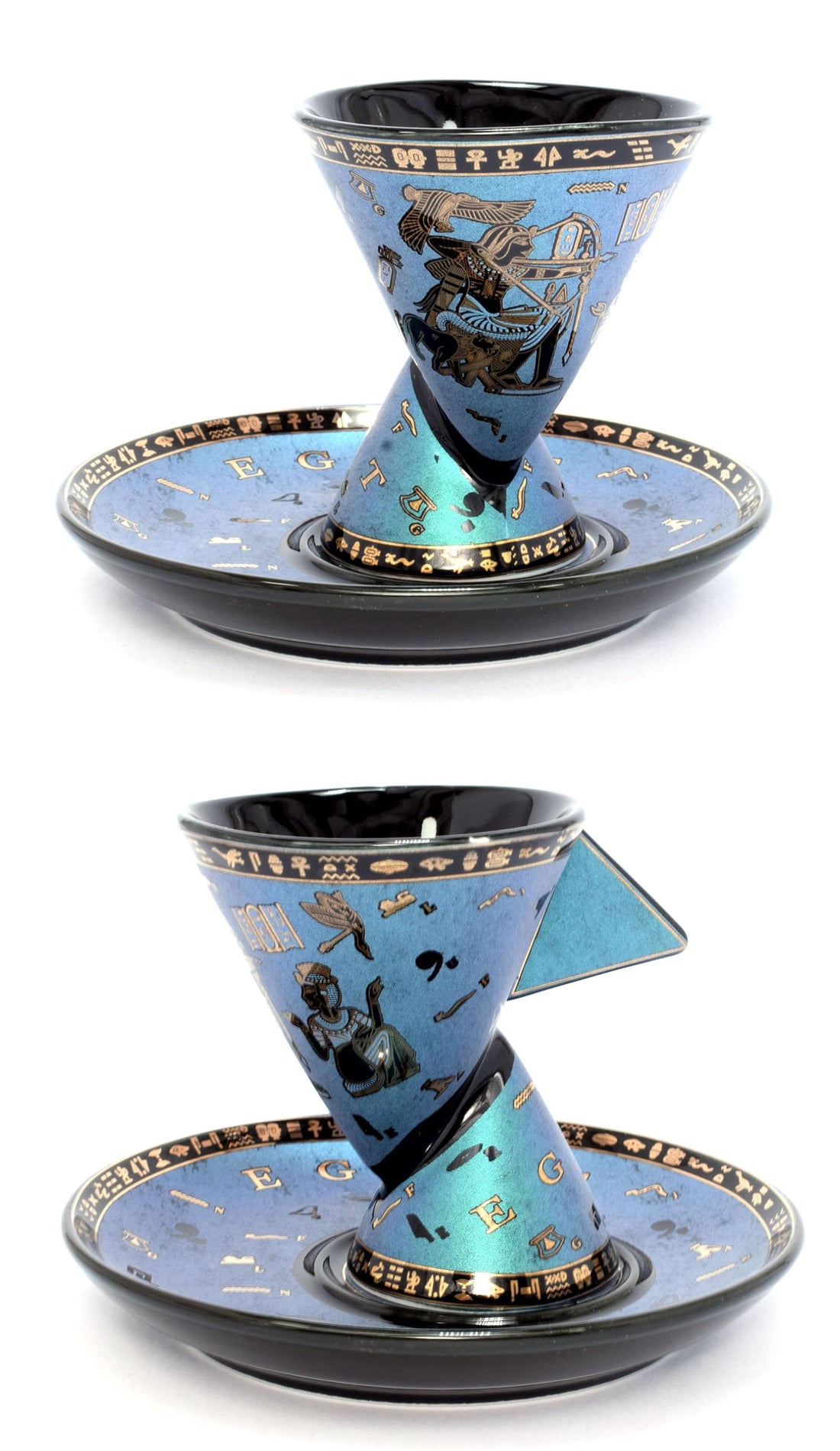pack of 2 Coffee mug and 2 of it's plate of immatgar pharaonic Coffee mug ancient Egyptian souvenirs gifts for women and men from Egypt - mother day gifts (Chariot - Cono - Blue - 75 MM)