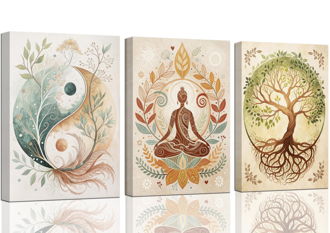 3 Pcs Tree of Life Canvas Wall Art Lotus Zen Painting Pictures Wall Decor Yin Yang Taichi Spiritual Prints Posters for Living Room Yoga Room Hotel Bedroom Home Decor 12x16in Framed