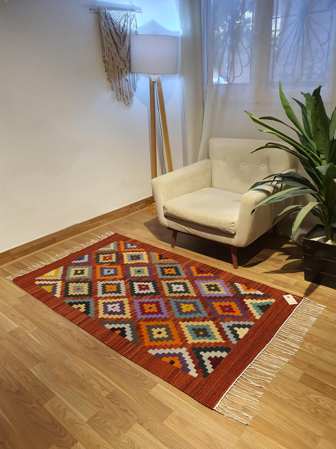Kilim 100X150 Multi Color With Dark Red Base