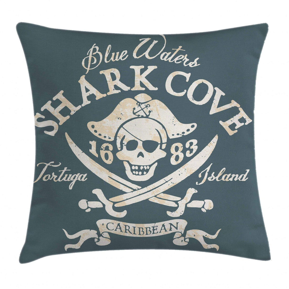 Ambesonne Pirate Throw Pillow Cushion Cover, Shark Cove Tortuga Island Caribbean Waters Retro Jolly Roger, Decorative Square Accent Pillow Case, 18" X 18", Mustard Blue