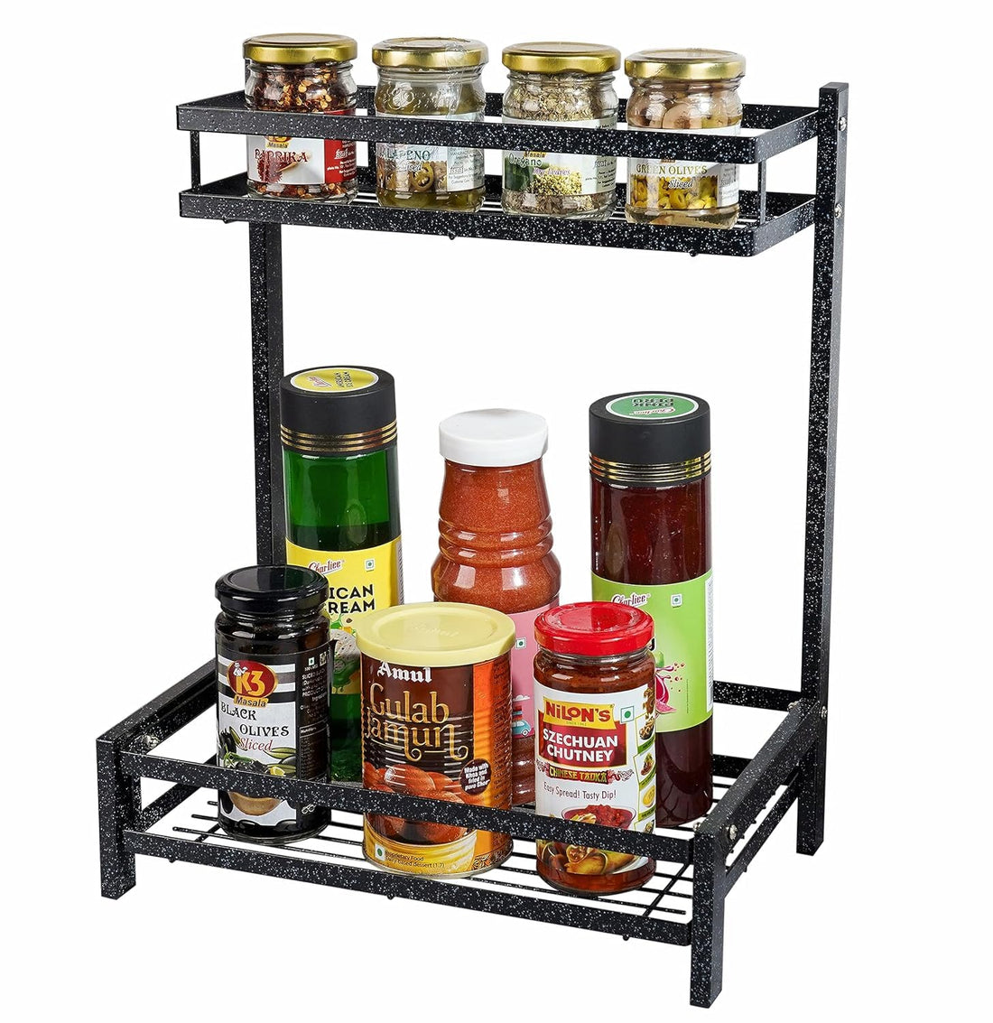 Spice Rack Organizer, Two Tier, Metal Construction (Marble Black)