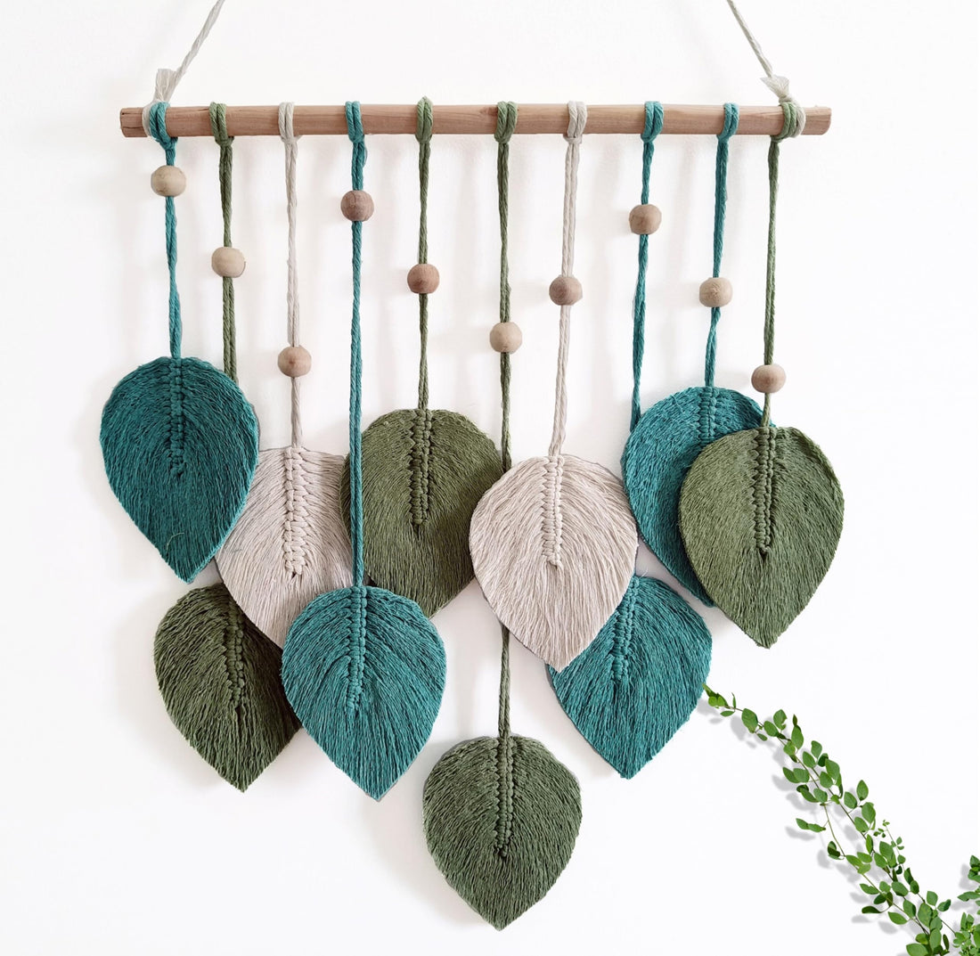 Induslyfe Macrame Wall Hanging Leaves, Boho Chic Feather Wall Art, Home Decoration, Handmade Yarn Woven Tapestry for Room Window, Green, Sage Green, Beige