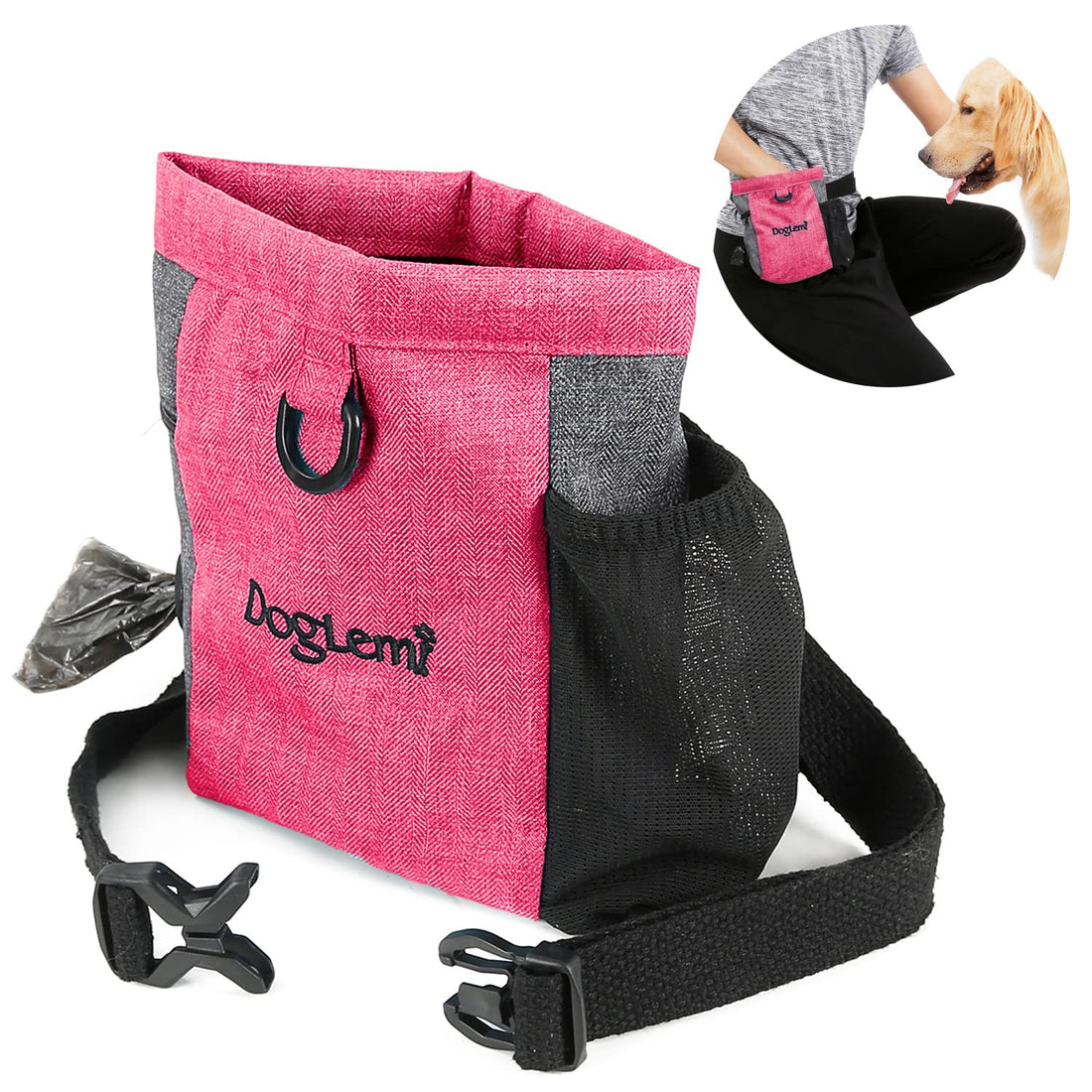 Treat Bag Food Bag for Dogs Magnetic Closure, Dog Treat Bag with Adjustable Waist & Poop Pocket Opening, Waterproof Food Bag Treat Bag for Dog Training (Red)