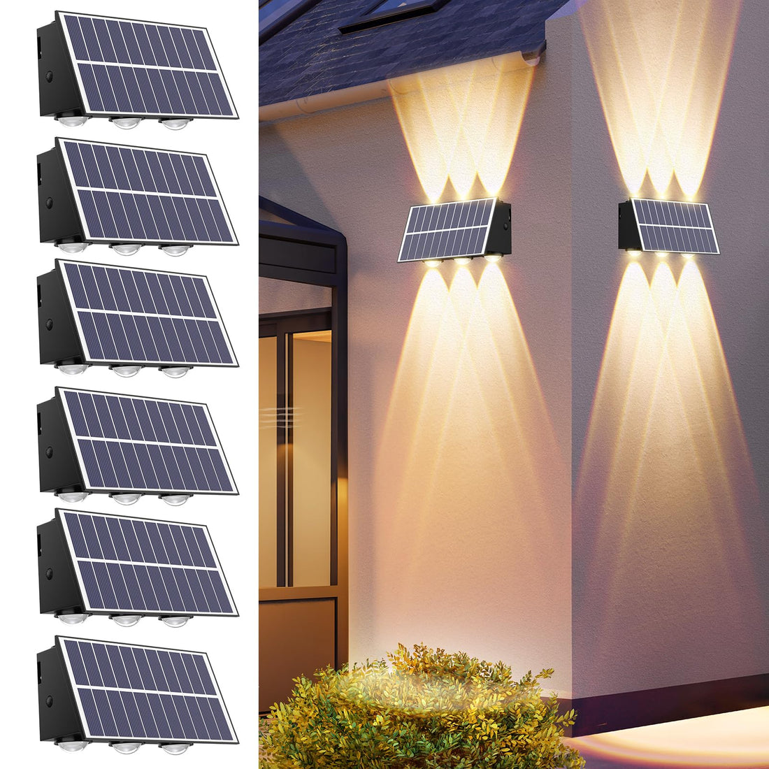 REINHARDT Solar Wall Lights Outdoor Solar Lights for Fence Up and Down Solar Sconce Lights Waterproof LED Solar Outdoor Lighting for Porch Yard Deck Garden Garage Walkway -Warm White 6 Pack