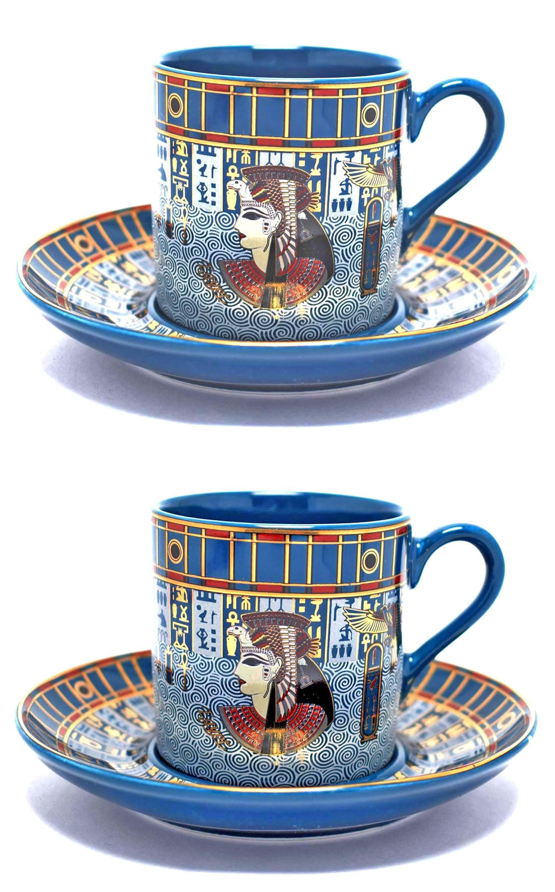 pack of 2 Coffee mug and 2 of it's plate of immatgar pharaonic Coffee mug ancient Egyptian souvenirs gifts for women and men from Egypt - mother day gifts (Cleopatra - Horus - Blue - 75 MM)