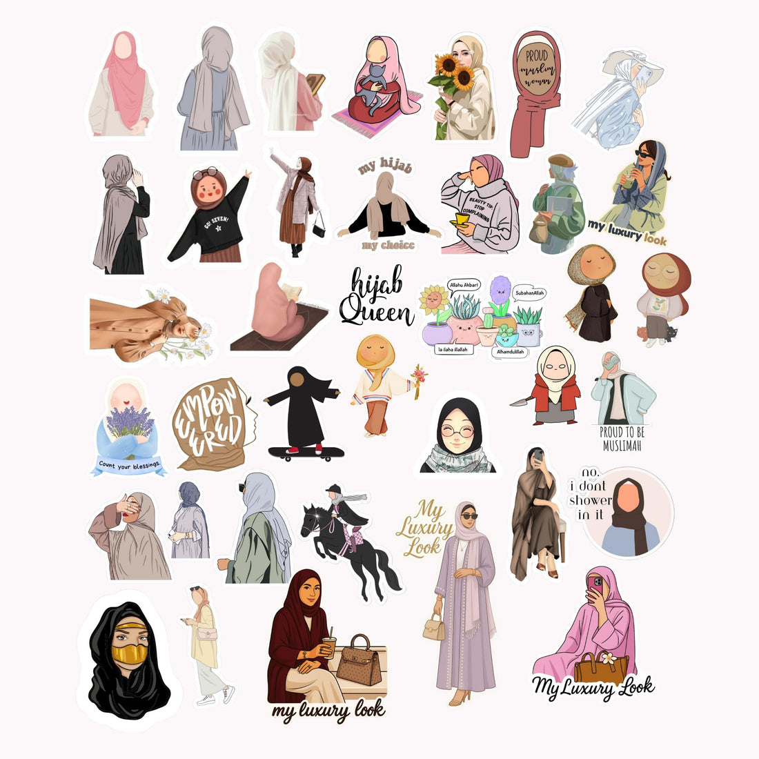 Scentiment 38 Pcs Hijabi Aesthetic Stickers Pack – Muslimah Fashion, Modest Style, Empowerment & Cute Hijab Art Vinyl Decals – Waterproof Stickers for Laptops, Journals, Water Bottles & Scrapbooks