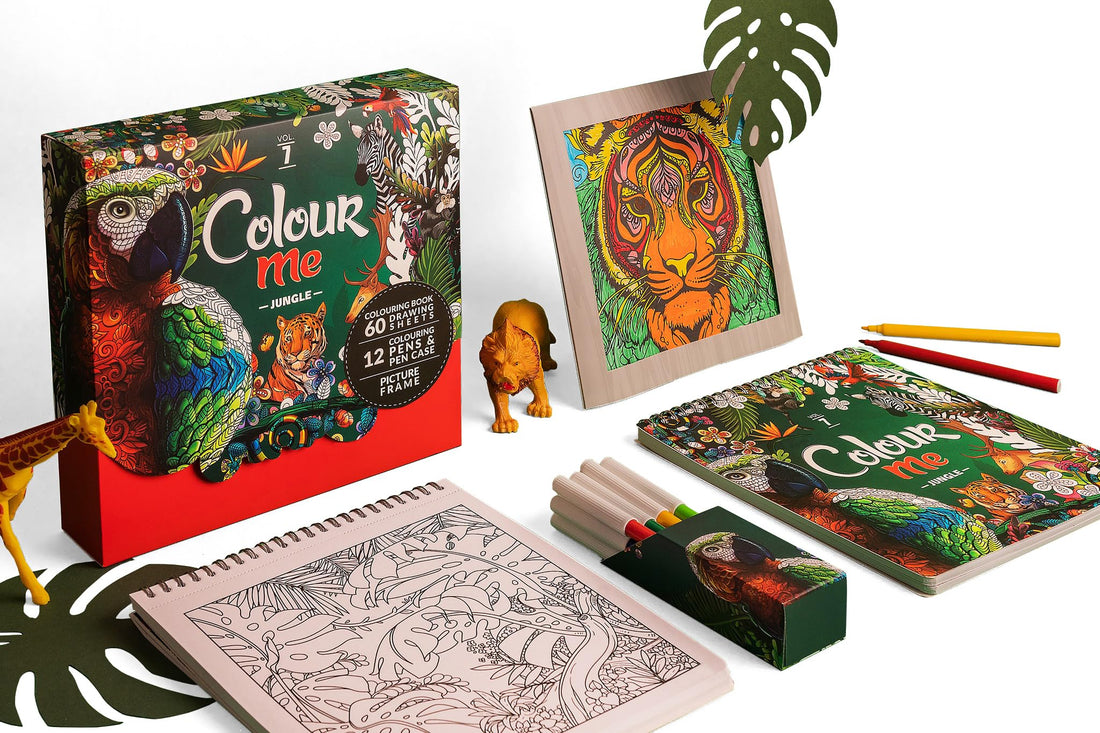 Color Me 7 Jungle Adult Coloring Book with 2 Gifts 12 Color Box Flowmaster in Pencil Case and Unique V Box Frame