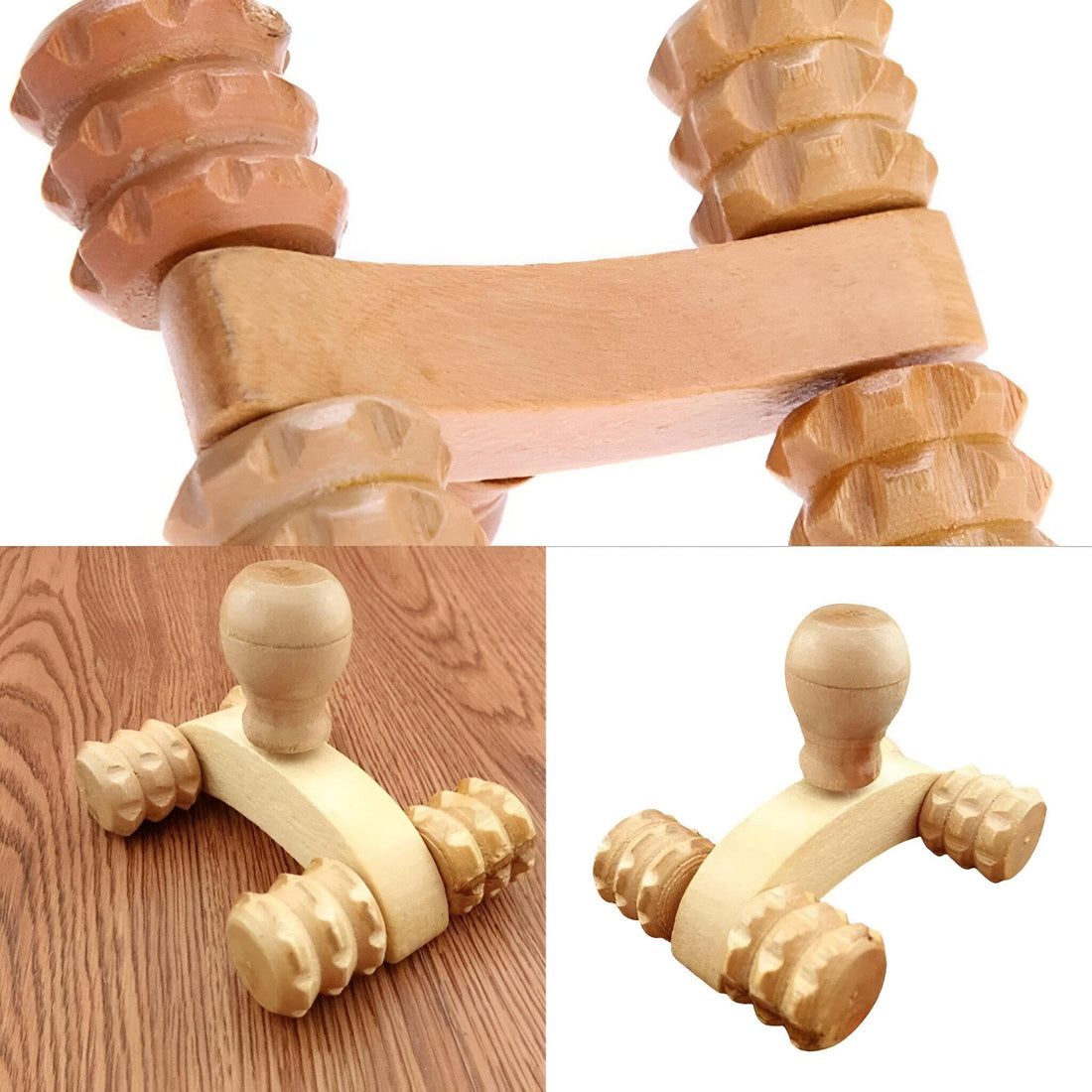 Reflexology Massage - Enhance your well-being with a hardwood full-body roller featuring four rotating wheels for targeted relief to your back, feet, and other pressure points.