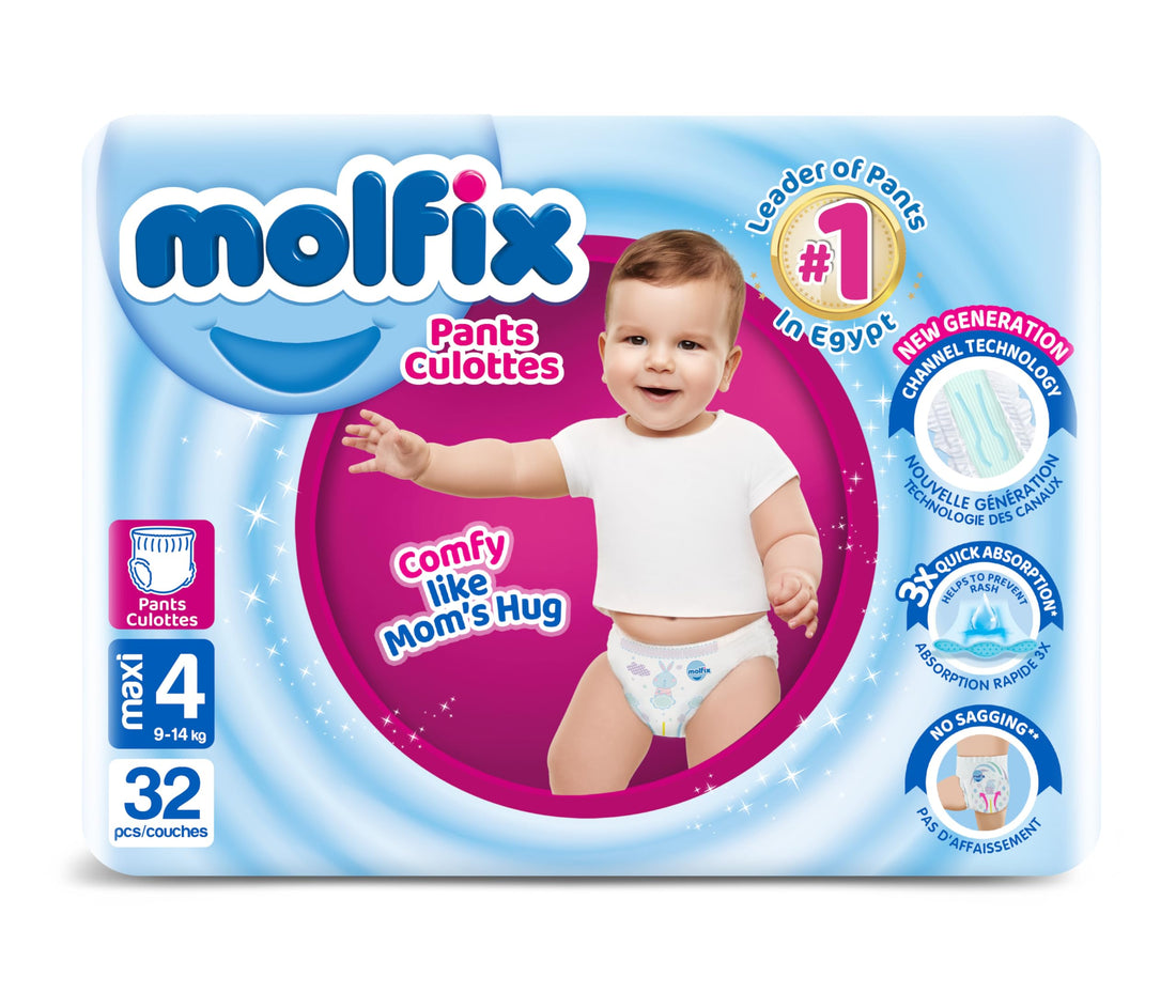 Molfix Baby Diaper Pants Size 4, Twin Pack, 9-14 KG, 31 Units, Molfix Pants Diapers, Size 4, 9-14KG, Twin Pack, 31 Count, Cotton Material