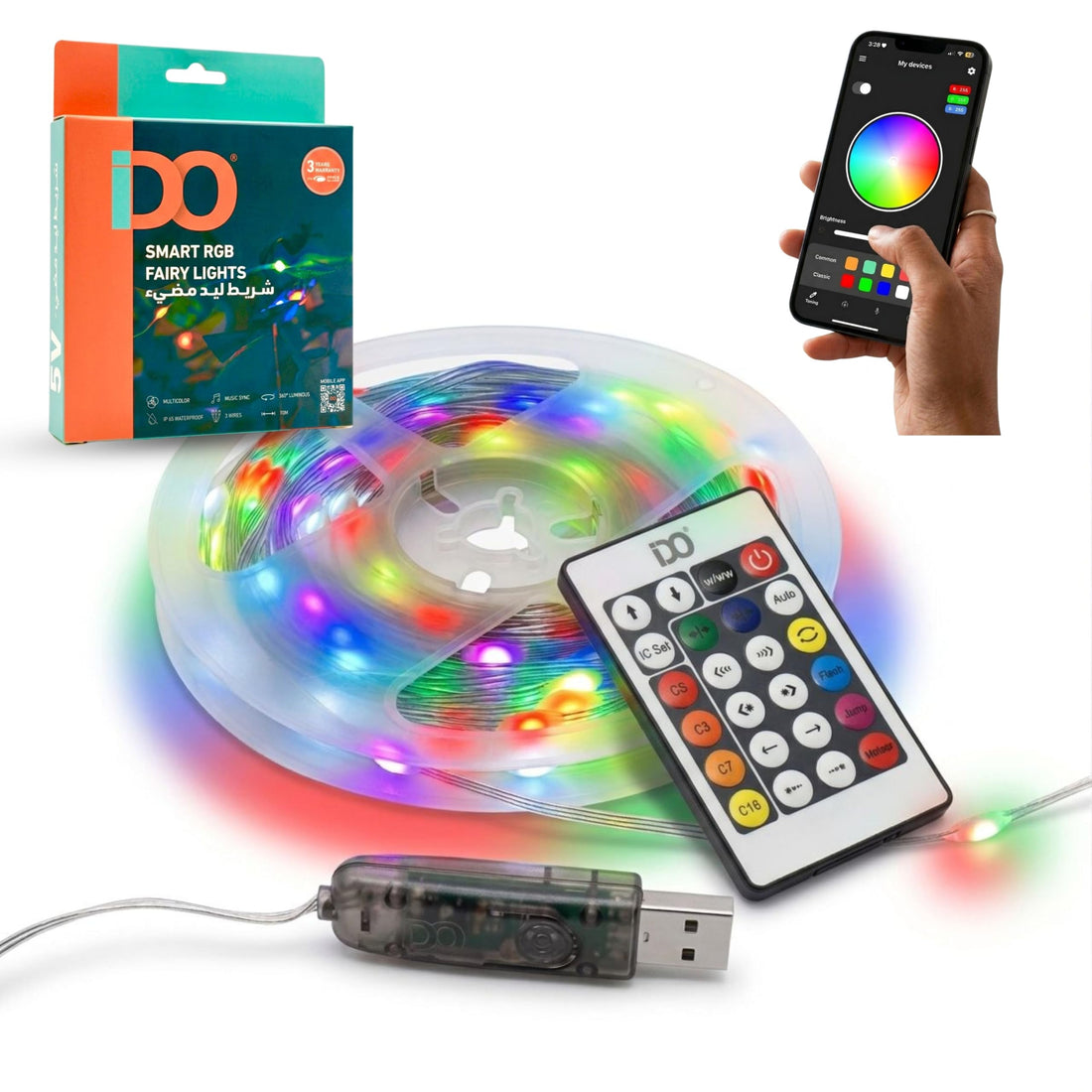 IDO Smart RGB LED Strip Lights, 10 Meter, Waterproof IP65, USB Powered, Bluetooth App Control & Remote Control, Music Sync, Color Changing, Compatible with iOS and Android