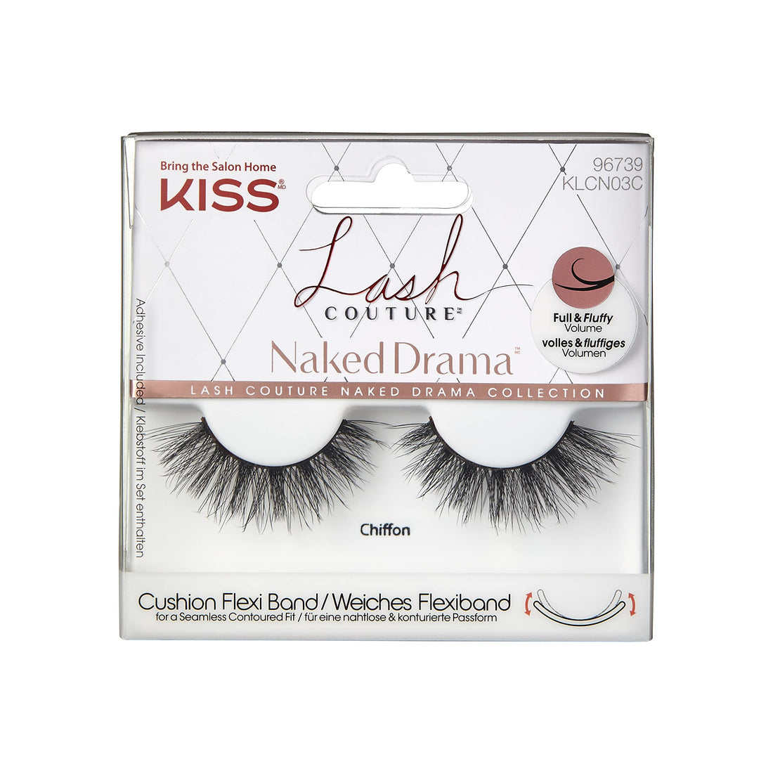 KISS Lash Couture Naked Drama Collection, Full & Fluffy Volume 3D Faux Mink False Eyelashes, Cushion Flexi Band & Split-Tip Technology, Tapered, Reusable & Contact Lens Friendly, 'Chiffon', 1 Pair