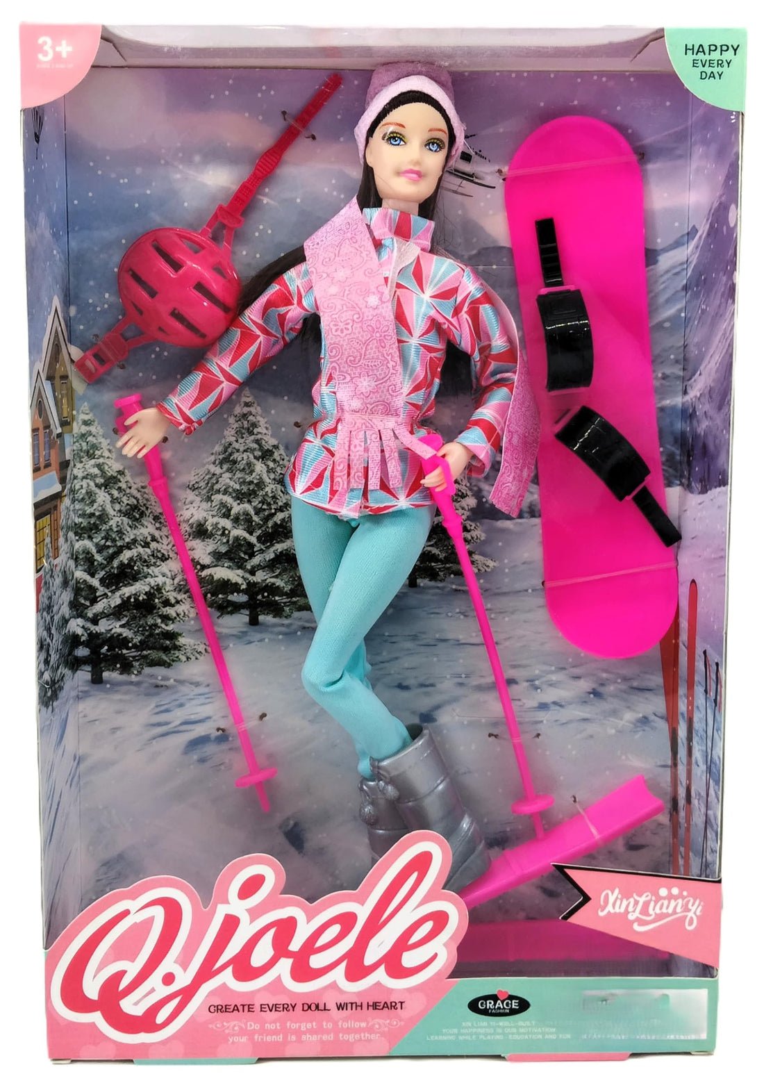 Q.joele Fashion Doll Winter Sports Playset for Girls, with Snowboard, Ski Poles, and Winter Outfit Accessories