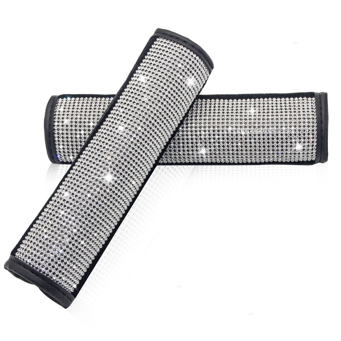 PU Leather Seat Belt Shoulder Pads with Bling Rhinestones Car Bling Seat Belt Covers for Women, Crystal Ring Set Bling Car Accessories 2 Pack Set Universal