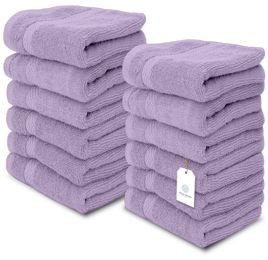 White Classic Luxury Cotton Washcloths 13x13 Inch - 650 GSM Turkish Cotton | Hotel, Spa, Bathroom Face Towel | 12 Pack, Lavender