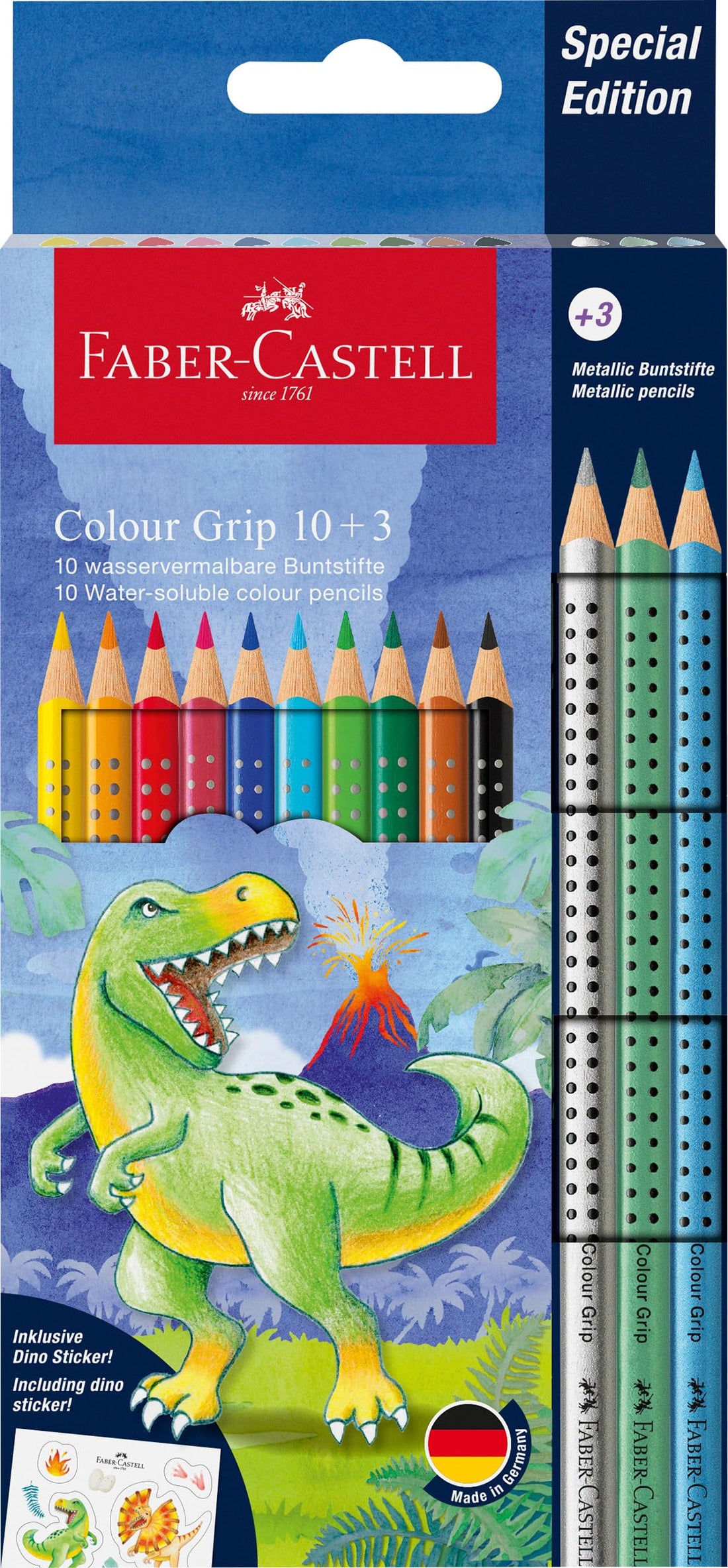 Faber-Castell Color Grip 10 Color Pencils + 3 Color Grip Metallic + Carton Box Sticker/13 Colour Grip Dinosaur No.201545