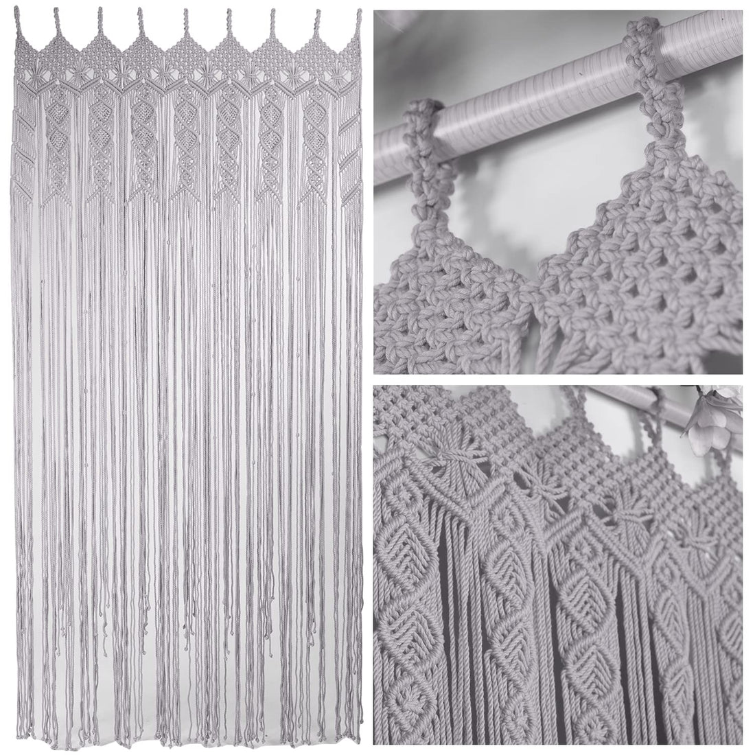Macrame Curtains Boho, Beaded Curtains for Doorways, Macrame Wall Hanging, Bead Doorway Curtain, Boho Backdrop, Hanging Beads for Doorways, Beaded Curtain L77 x W35, Grey