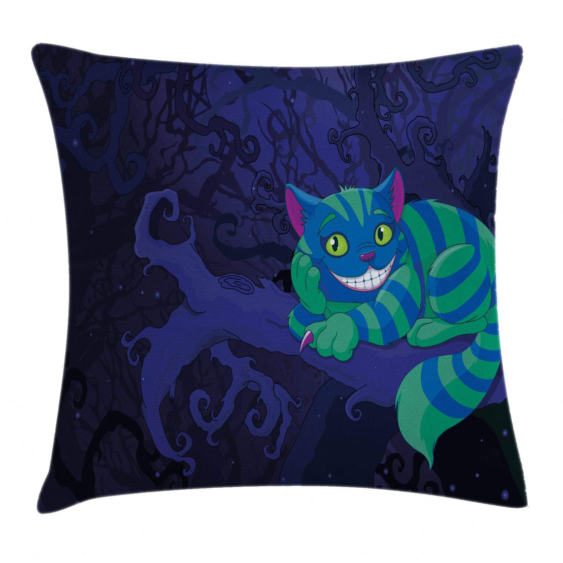 Ambesonne Alice in Wonderland Throw Pillow Cushion Cover, Chester Cat Sitting on Branch Forest Character, Decorative Square Accent Pillow Case, 16" X 16", Green Blue Purple