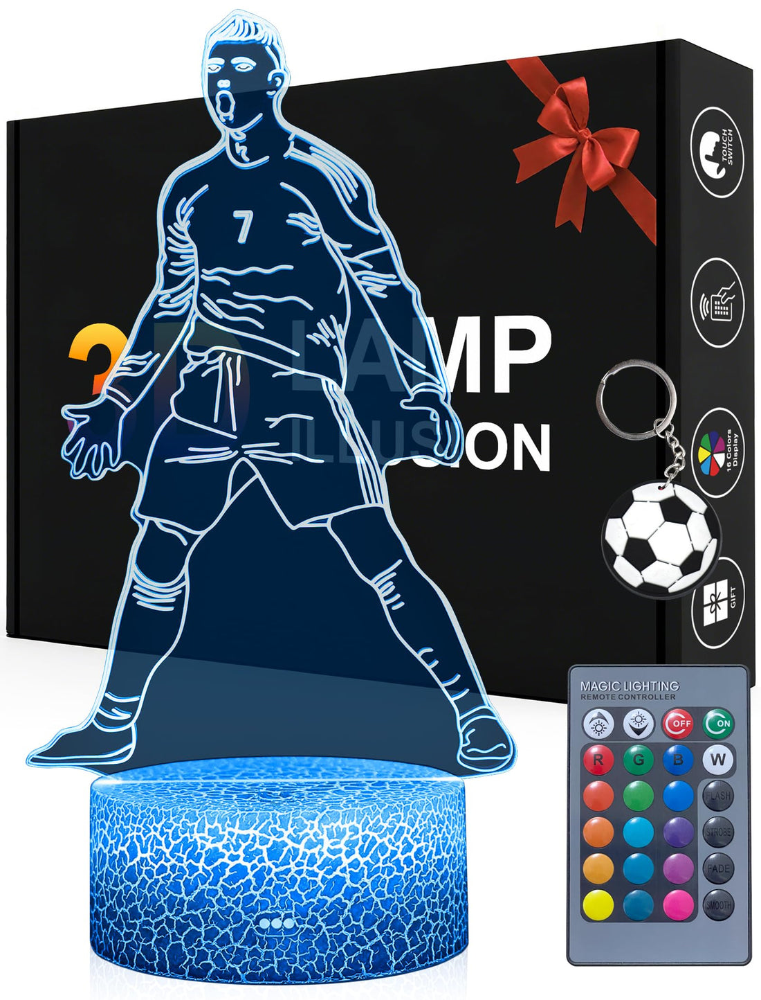 Portugal Footballer No. 7 Night Light 3D Optical Illusion Lamp with Remote Control 16 Colours Changing Birthday Christmas Idea Gifts for Football Fan Boys Girls Teenagers Men