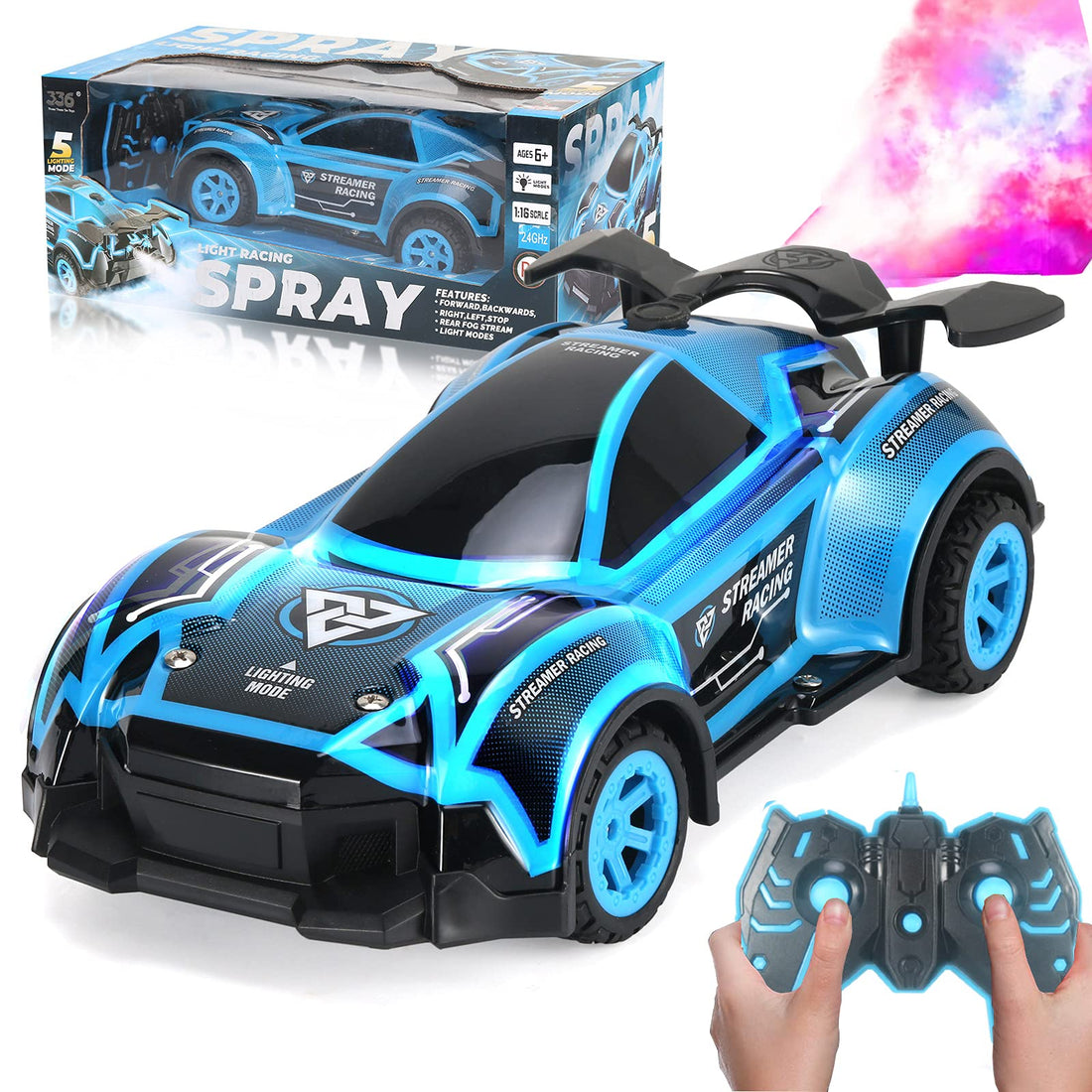 Remote Control Fog Racer Car | Smoke Stream Fast RC High Speed Flashing LED Light Race Toy | Rechargeable Battery with Rear Fog Mist | 5 LED Light Modes, 2.4 GHZ Remote Controller (Blue)
