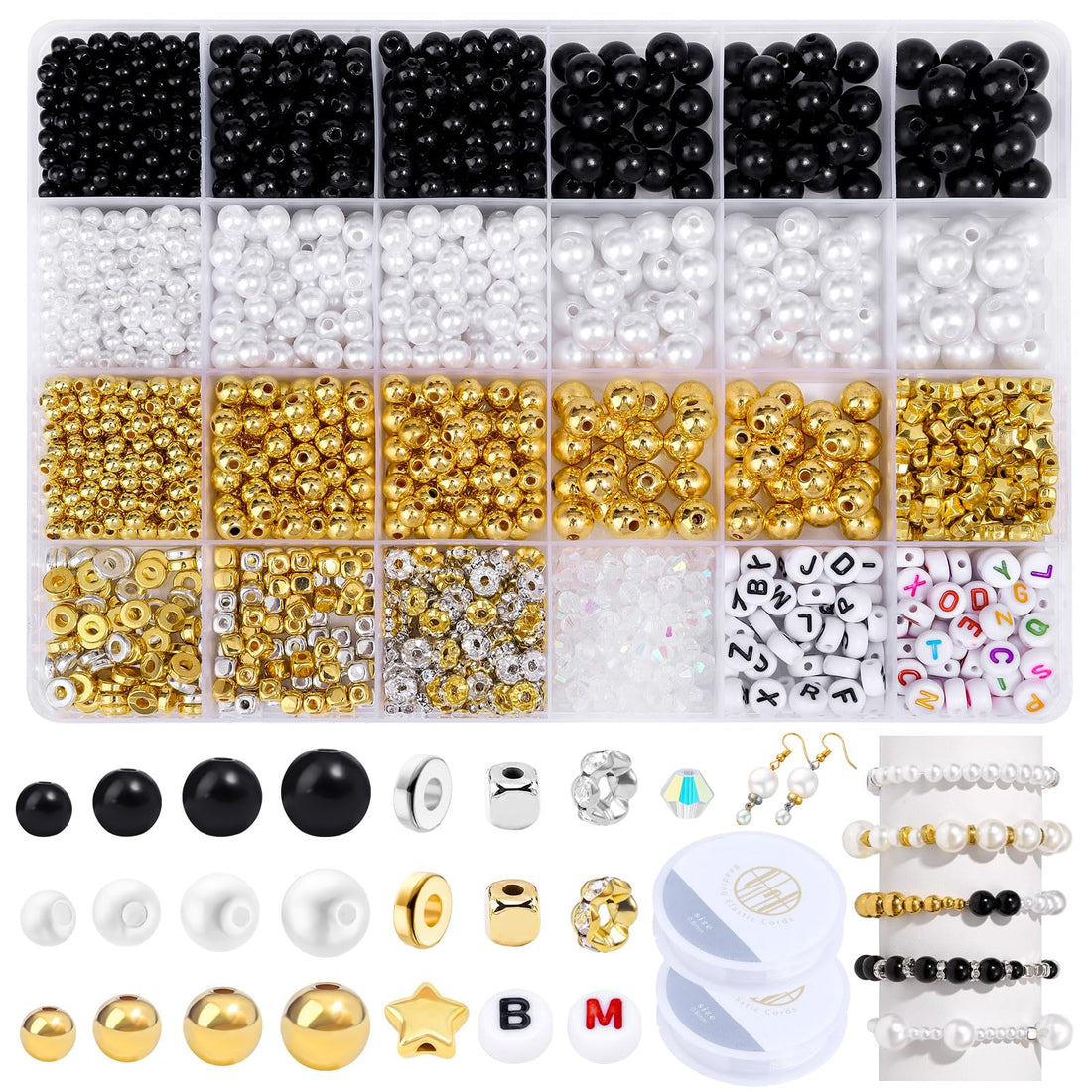 JADVY 1800pcs Pearl Beads Kit for Jewelry Making, Black/White/Gold, Resin, Adults, Unisex, Non-Foldable