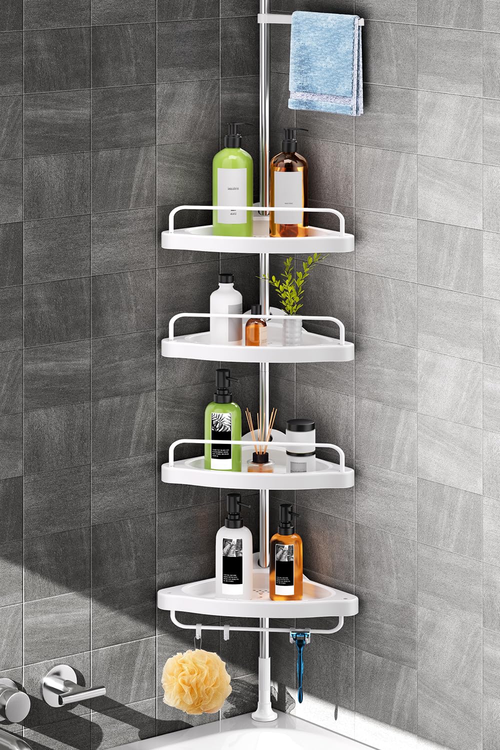 HAMITOR Corner Shower Caddy, Shower Tension Pole Caddy Stainless Steel with 4-Tier Adjustable Shelves & Rustproof Shower Organizer Corner for Bathroom, New Concept Non-Slip Silicone Mat