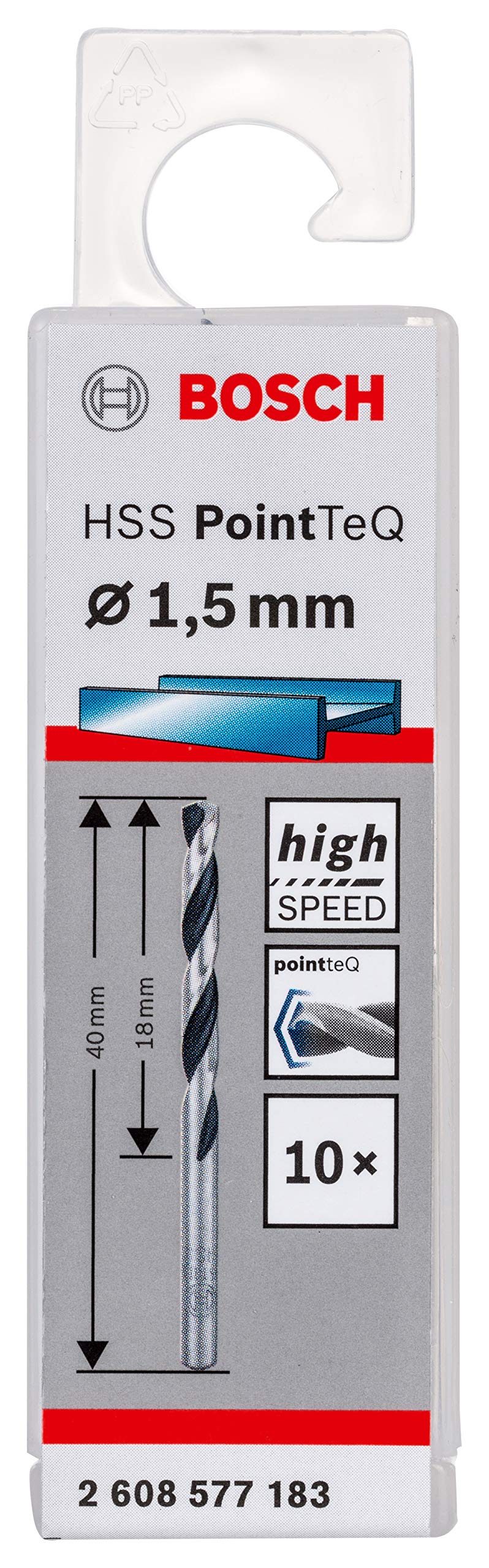 Bosch Professional 2608577183 10-Piece PointTeQ HSS Twist Bit (for Metal, 1.5 x 18 x 40 mm, Drill Driver Accessories), GR, 1,5 x 18 x 40 mm