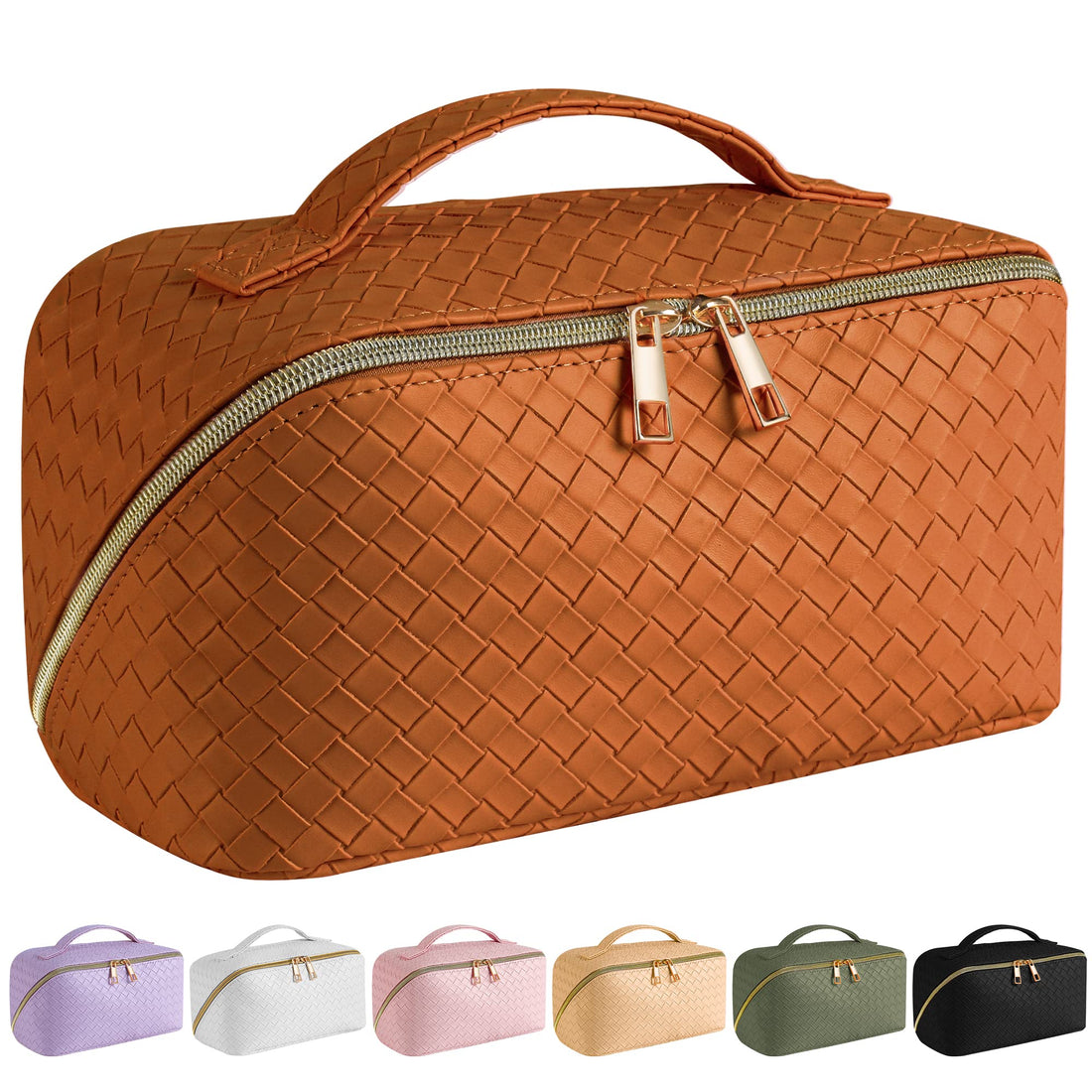 Large Capacity Travel Cosmetic Bag - Makeup Bag, PU Leather Waterproof Cosmetic Bag, Women Portable Travel Makeup Bag With Handle and Divider Flat Lay Makeup Organizer Bag, Brown, Fashion