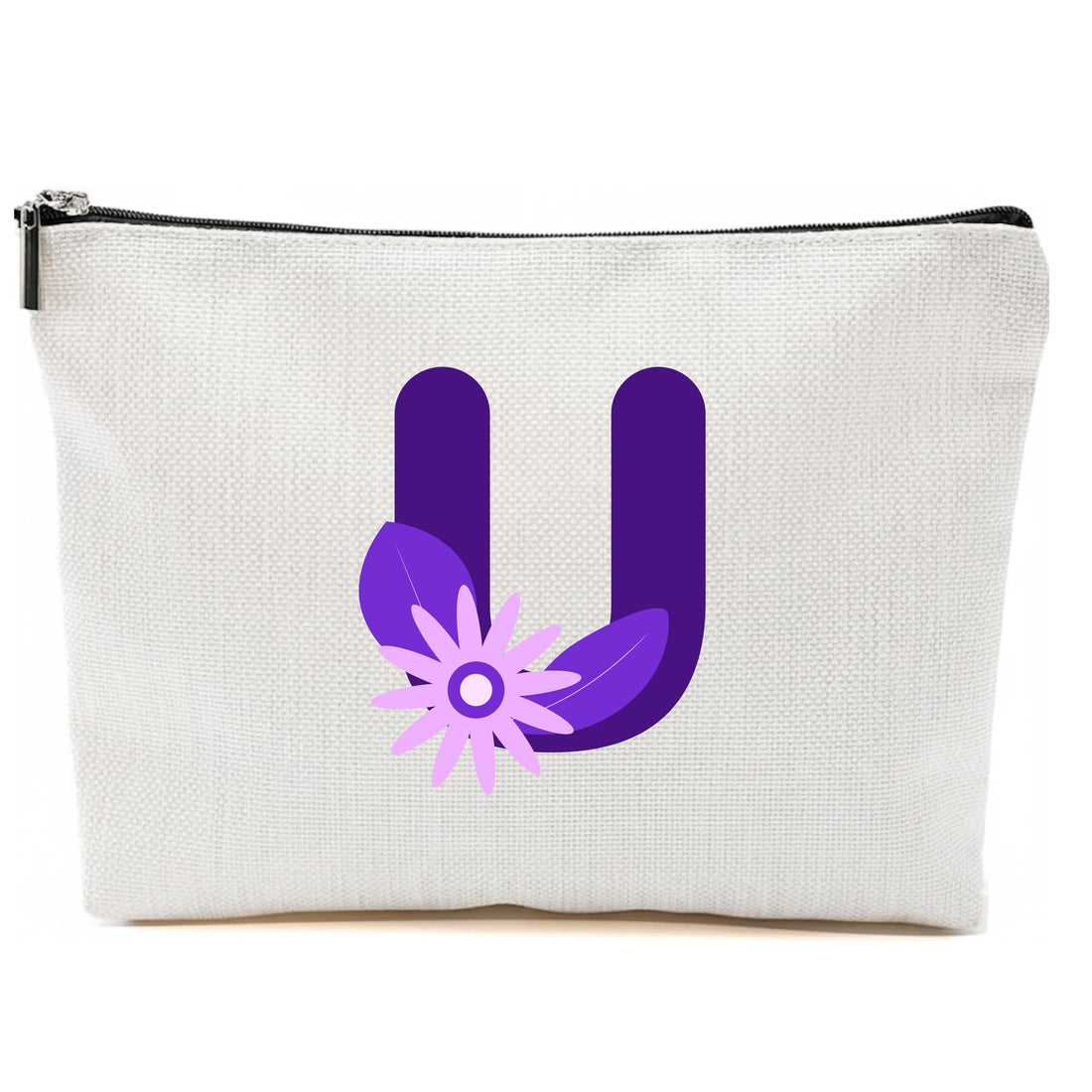 Personalized Initial Letter Makeup Bag, floral Initial Cosmetic Bag with Zipper Birthday Gifts for Women Girls, purple letter (U)