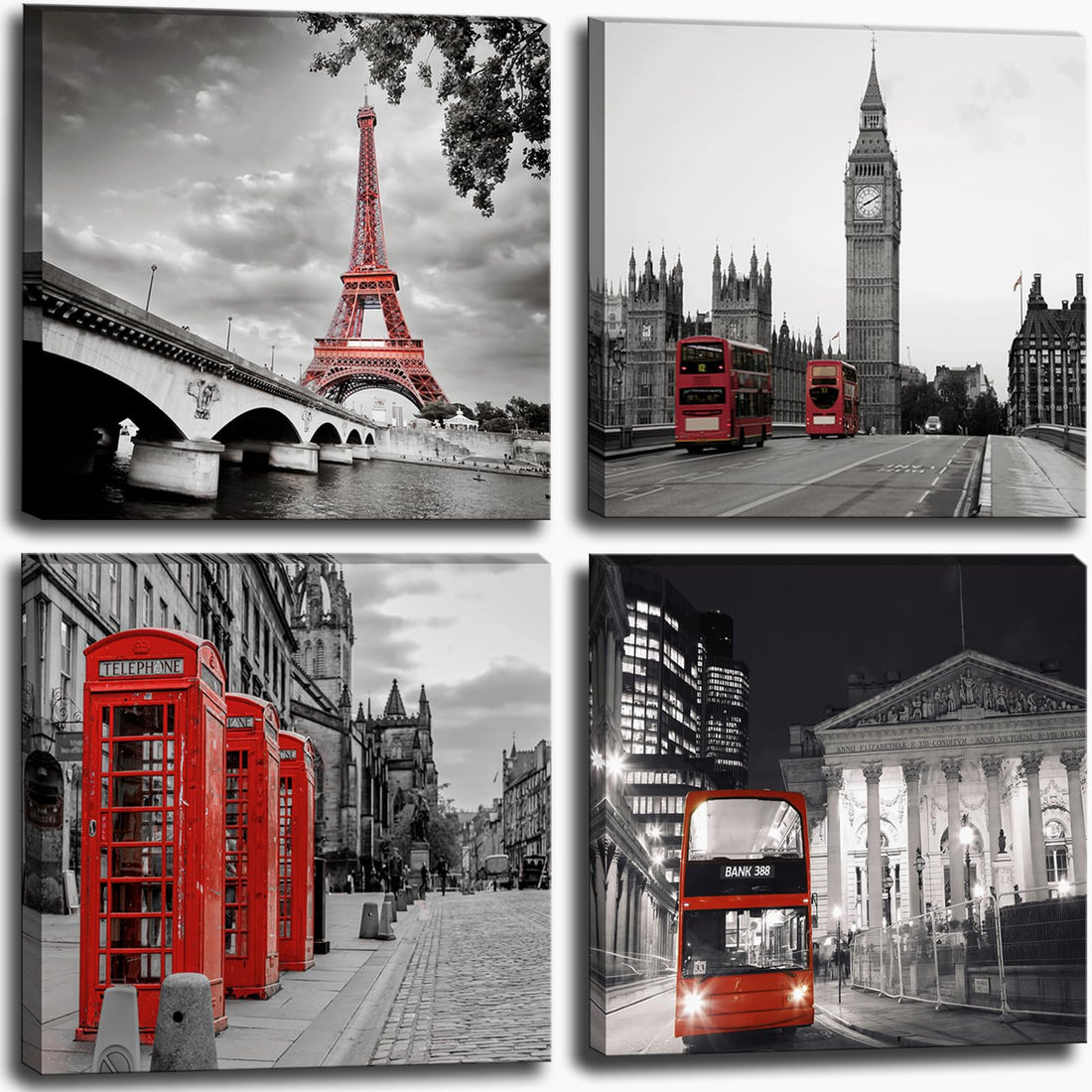 Black and White City Landscape Wall Art for Bedroom Red Street Scenery Canvas Decor for Bathroom Paris Eiffel Tower Pictures Prints London Big Ben Artwork Poster for Living Room Office Decoration