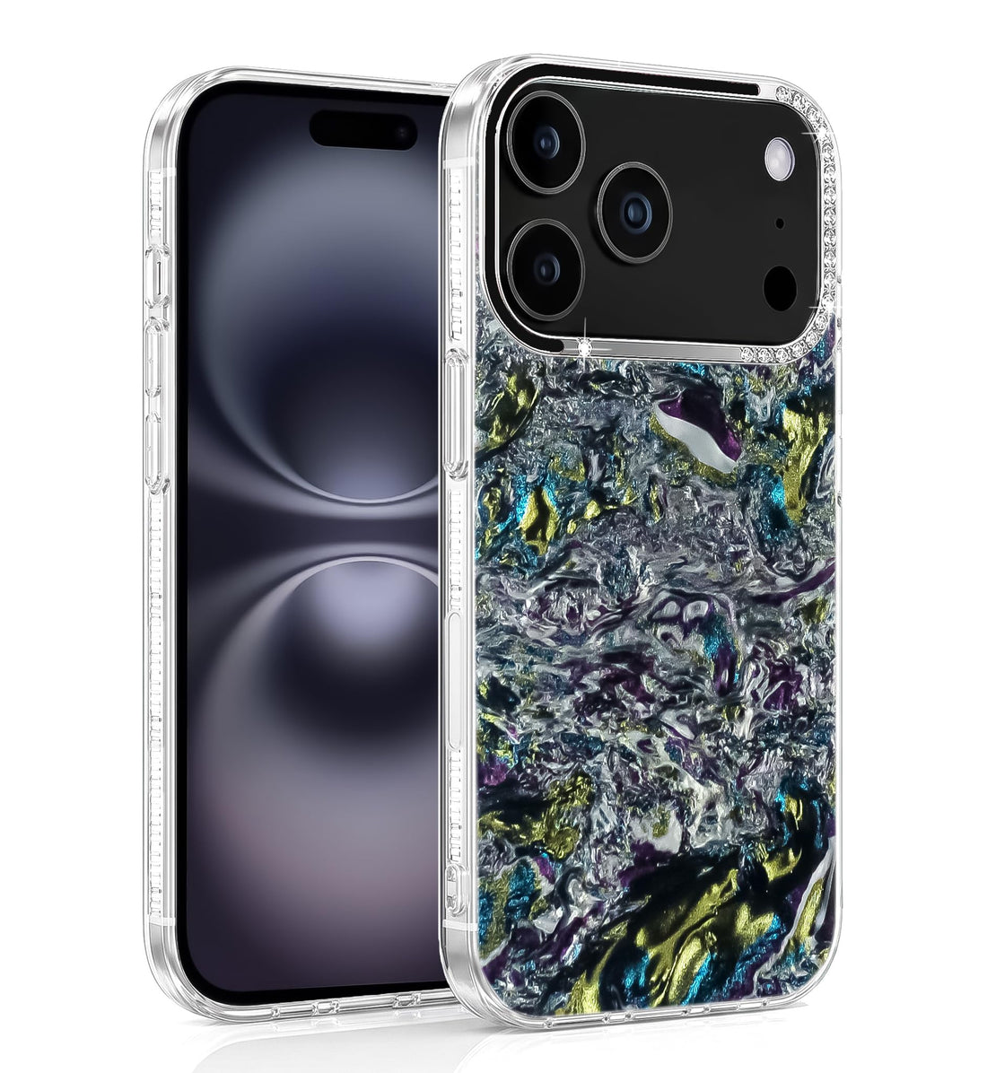 Dl3 Mobilak Shiny Marble Case for iPhone 17 Pro Max, Glossy Glitter Hard Back Cover with Soft TPU Frame Bumper, Rhinestone Camera Frame, Slim Shockproof Protective Phone Case - Multi Color