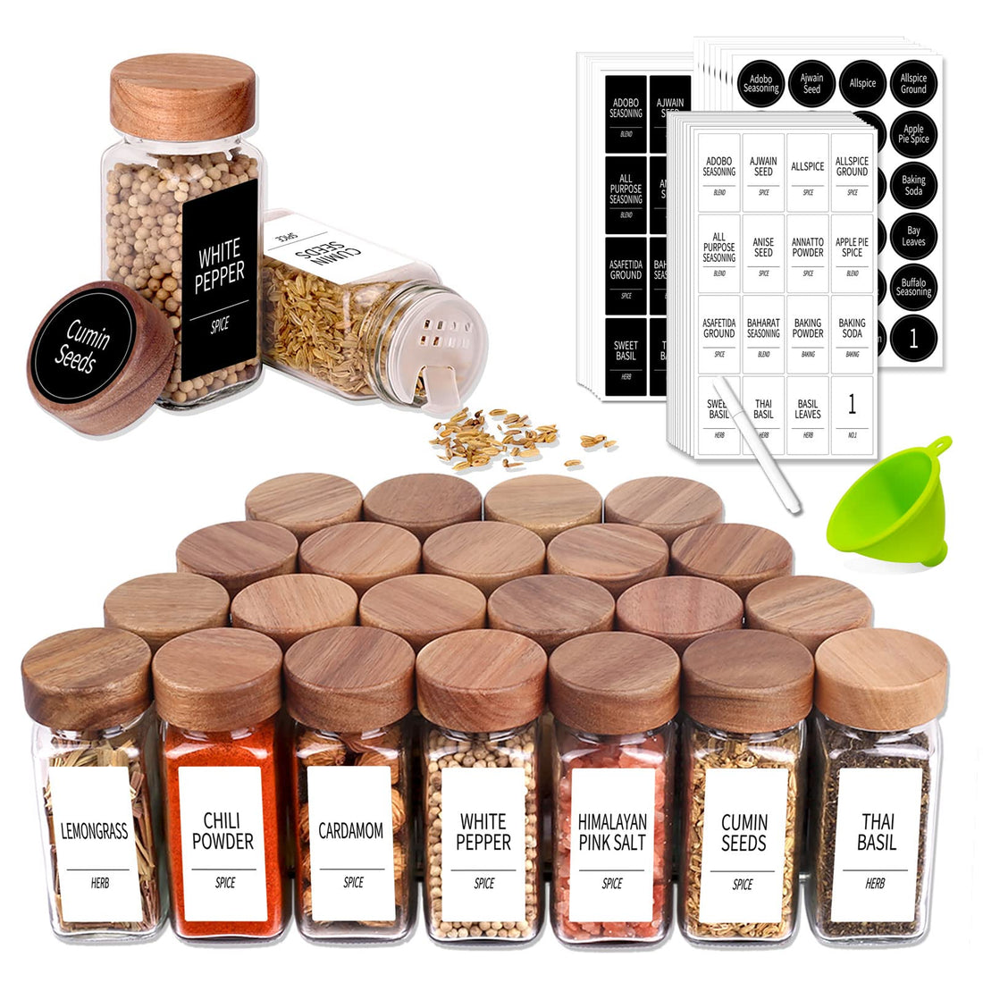 Churboro 24 Spice Jars with 547 Labels - Glass Spice Jars with Shaker Lids - 4 Oz Square Spice Containers with Acacia Wood Lids, Chalk Pen, Funnel- Seasoning Jars for Spice Rack, Cabinet, or Drawer