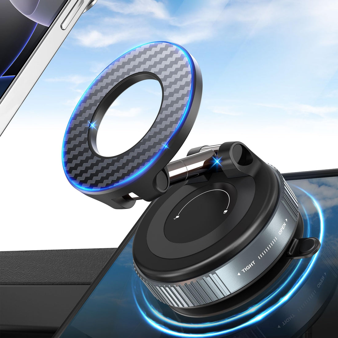 PlusAcc Vacuum Magnetic Phone Holder for Car - Suction Phone Mount 360°Rotatable Foldable Portable Strong Magnet Stand for iPhone16/15/14/13 & Samsung on Mirror,Smooth Surface, Windscreens