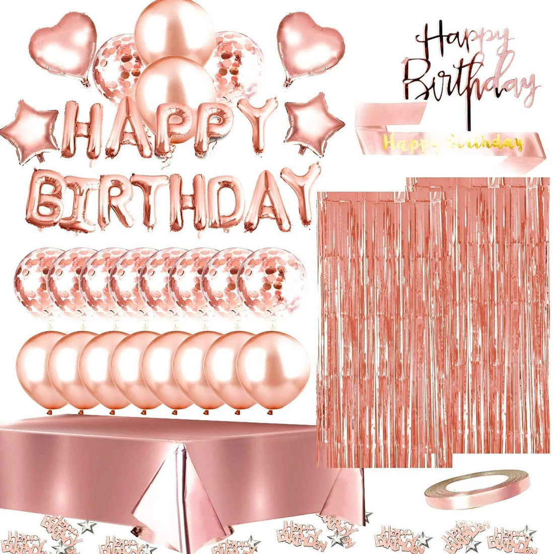 Anterat Rose Gold Birthday Party Decorations Set: Happy Birthday Banner, Balloons, Confetti, Sash, Tablecloth & Curtains